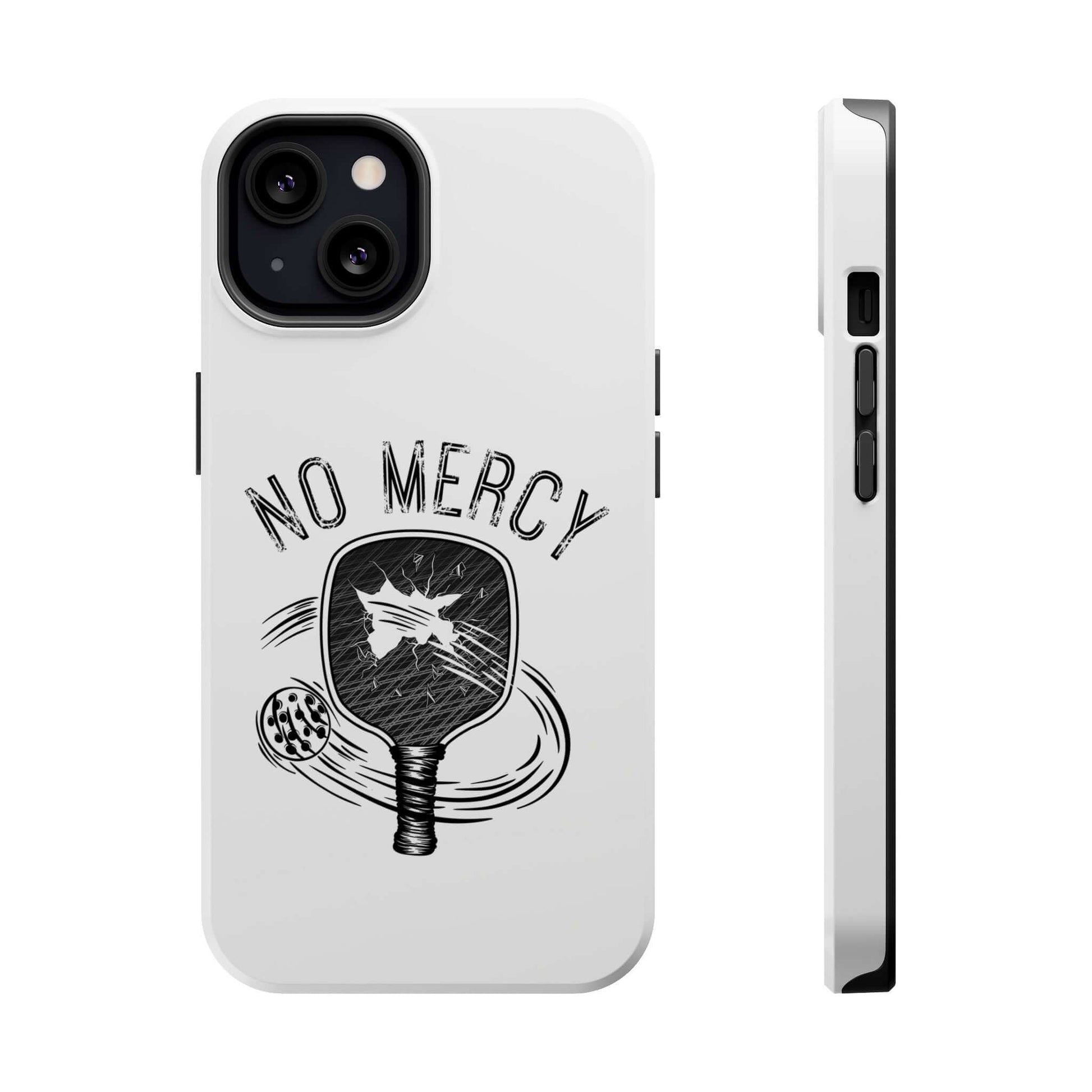 No Mercy Pickleball MagSafe iPhone case with paddle and ball design, tough polycarbonate shell, side view shown, sleek and durable cover.