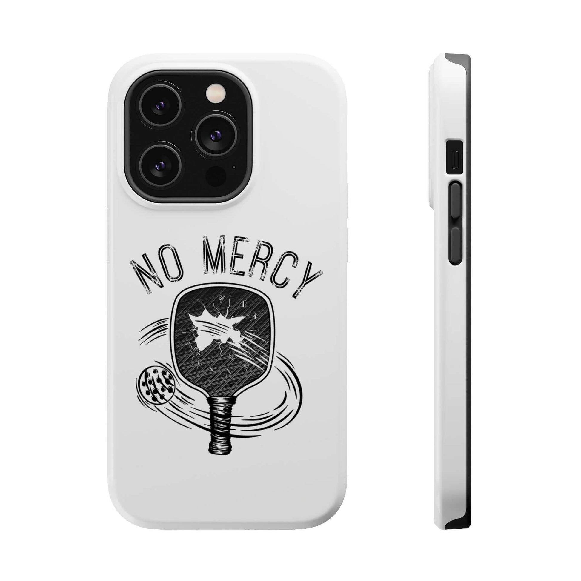 MagSafe tough dual-layer phone case with No Mercy pickleball design for Apple iPhone, featuring durable white polycarbonate outer shell.