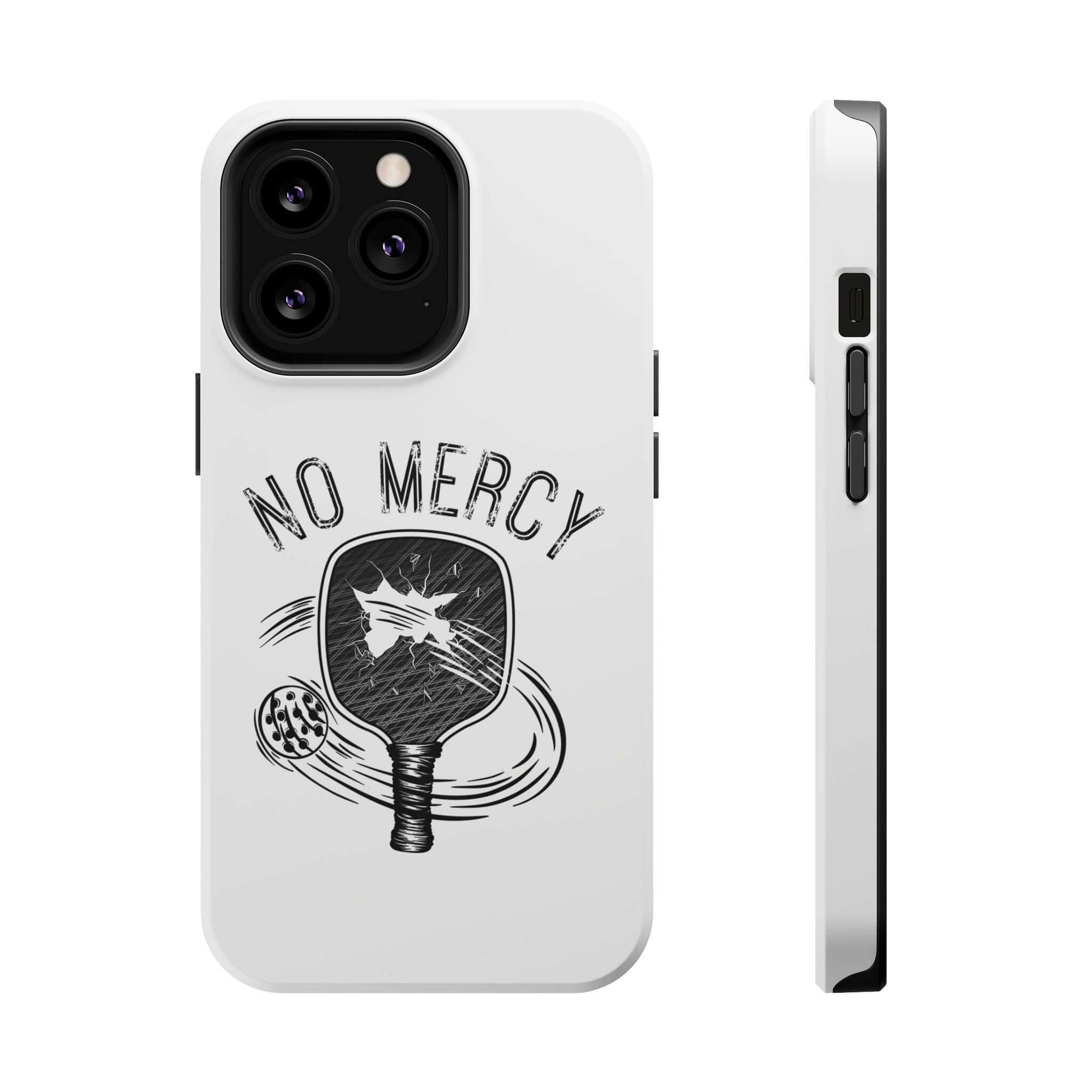 No Mercy Pickleball Series MagSafe iPhone Case with paddle design, tough dual-layer protection, white background.