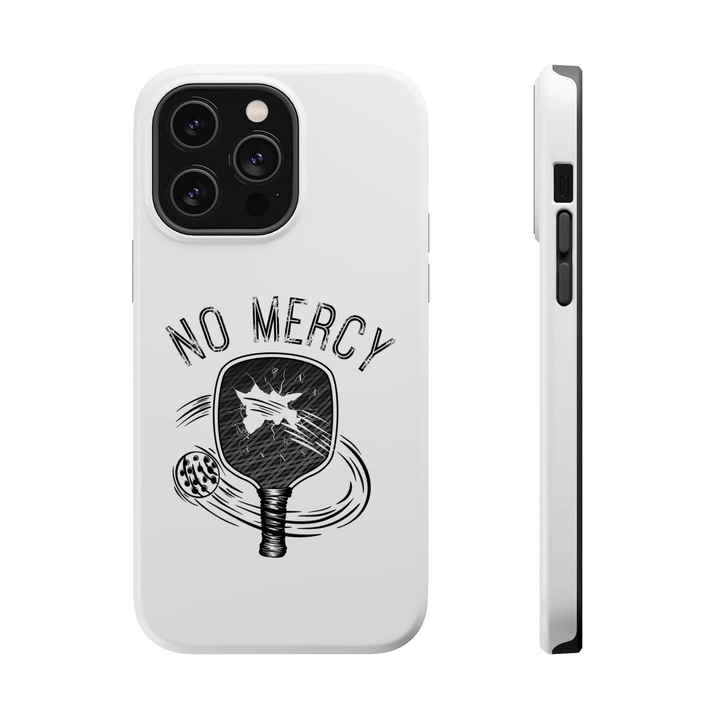 No Mercy Pickleball MagSafe iPhone Case with Paddle Design, Dual-Layer Protection in White Finish