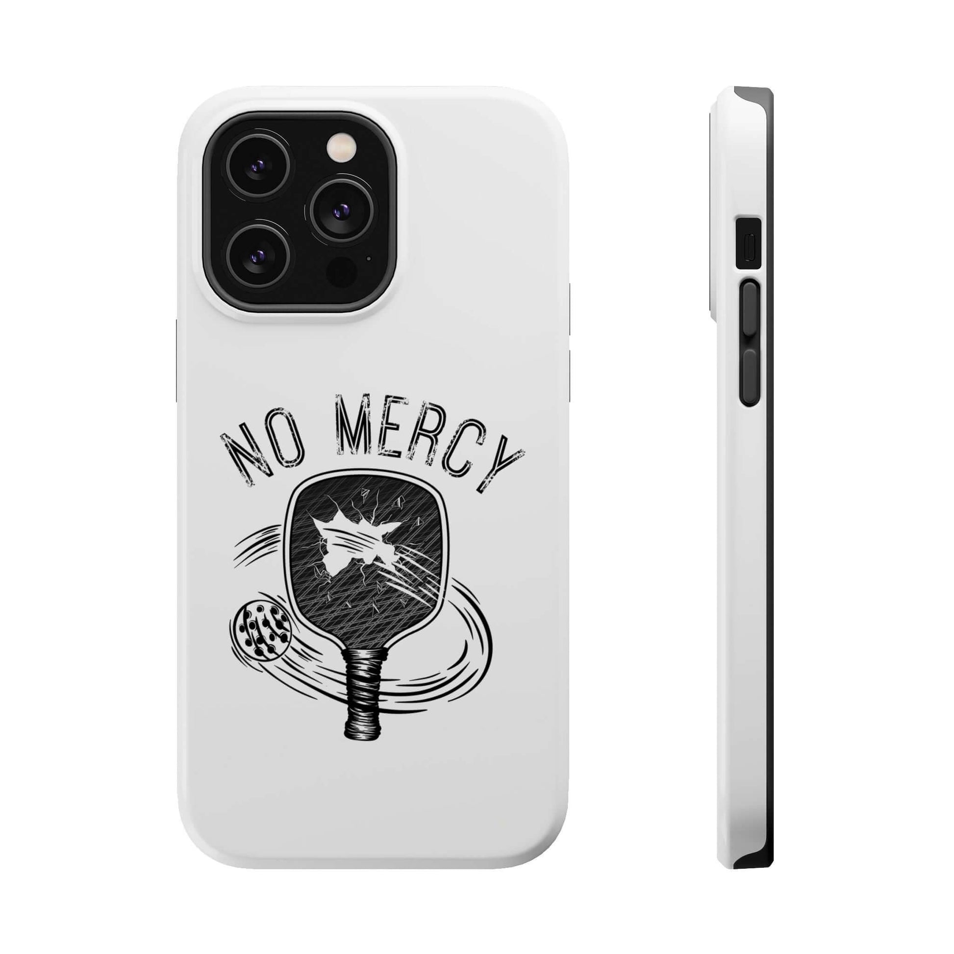 No Mercy Pickleball MagSafe iPhone Case with Paddle Design, Dual-Layer Protection in White Finish