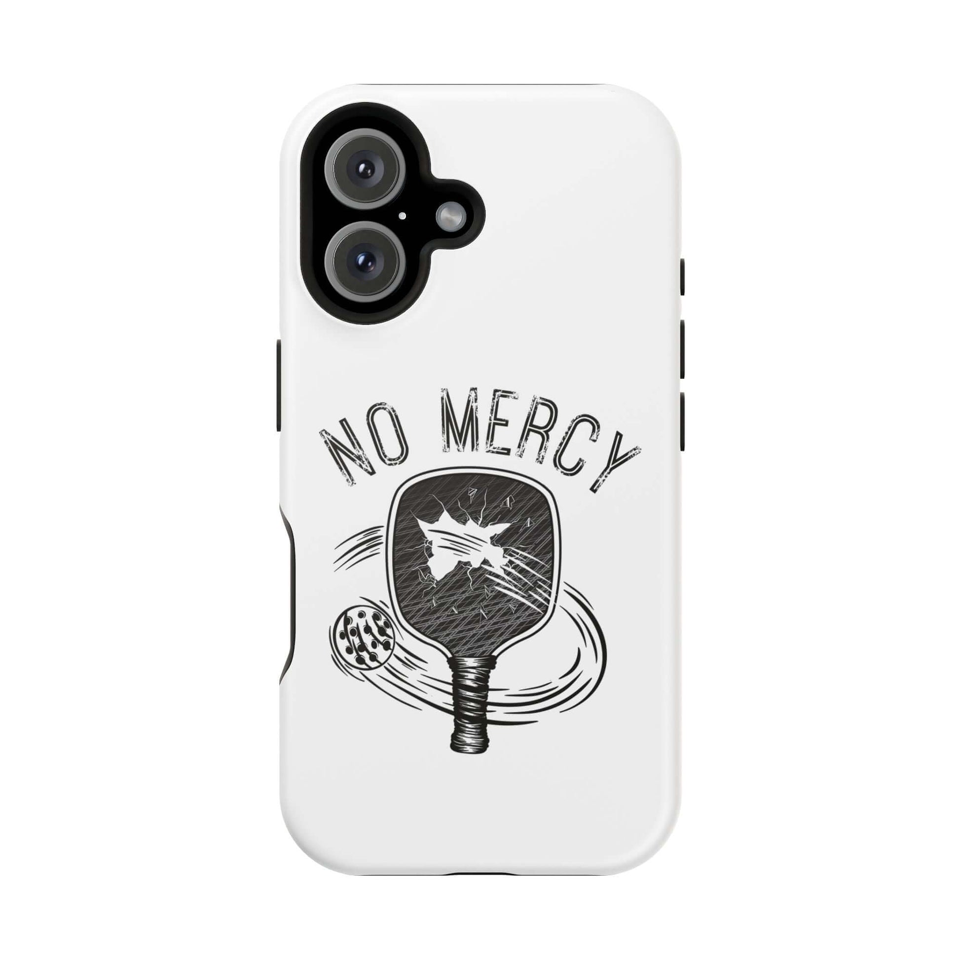 No Mercy Pickleball MagSafe tough dual-layer phone case for Apple iPhone with pickleball paddle design.