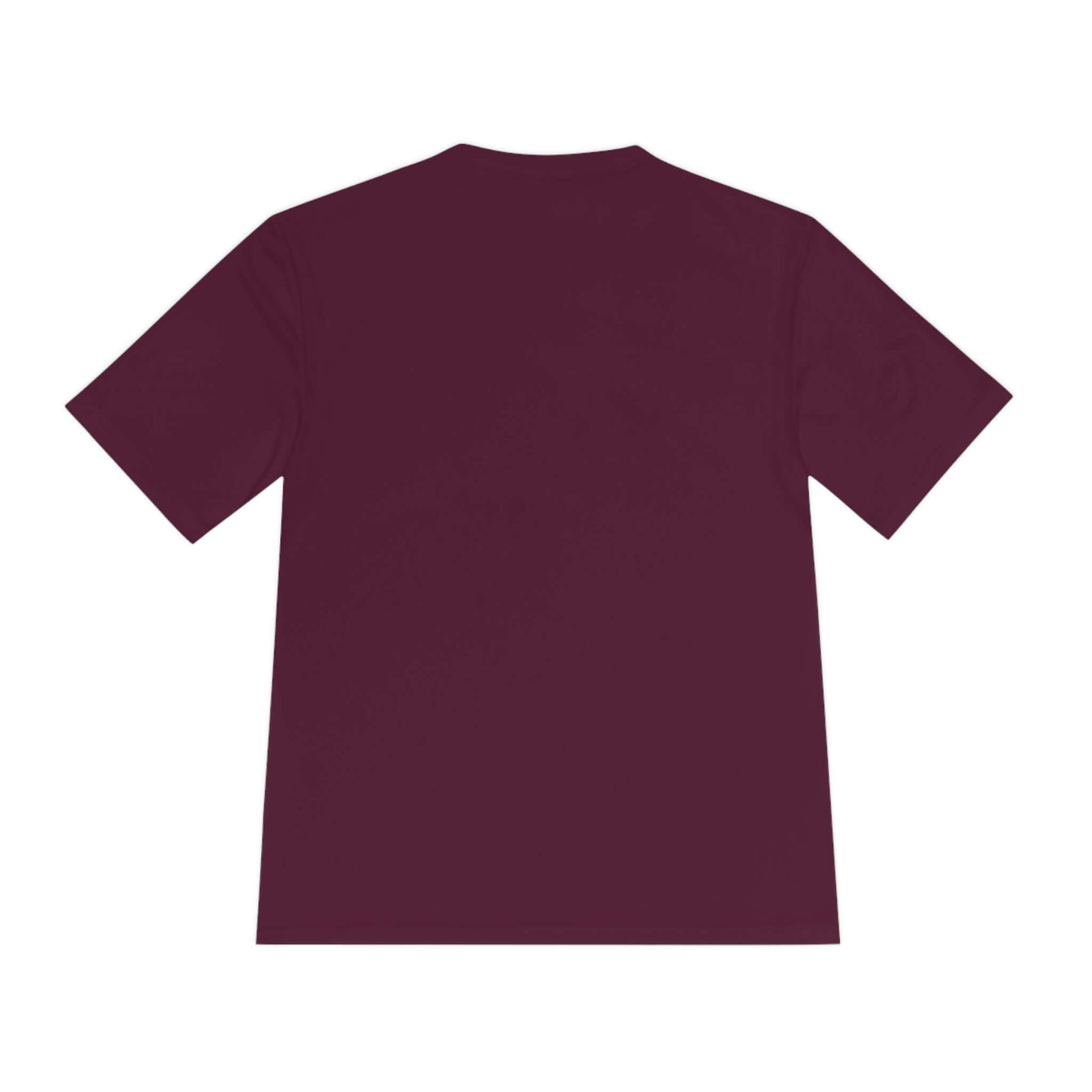 Back view of maroon "No Mercy" Pickleball Series Performance T-Shirt, featuring dry-fit and moisture-wicking material.