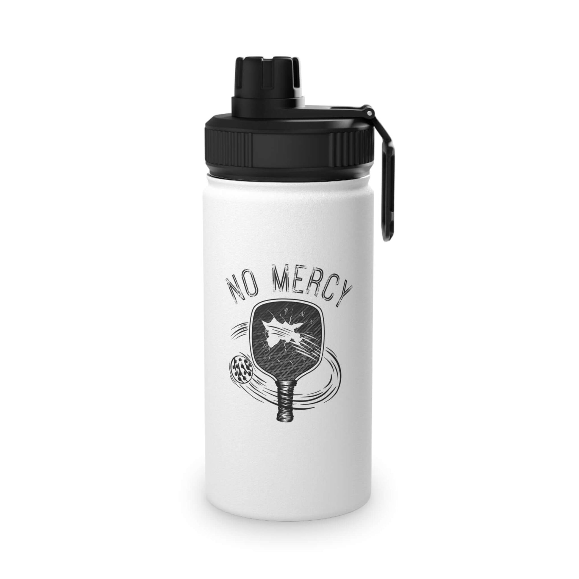Stainless steel water bottle with "No Mercy" pickleball design and sports lid, ideal for active lifestyle and outdoor adventures.