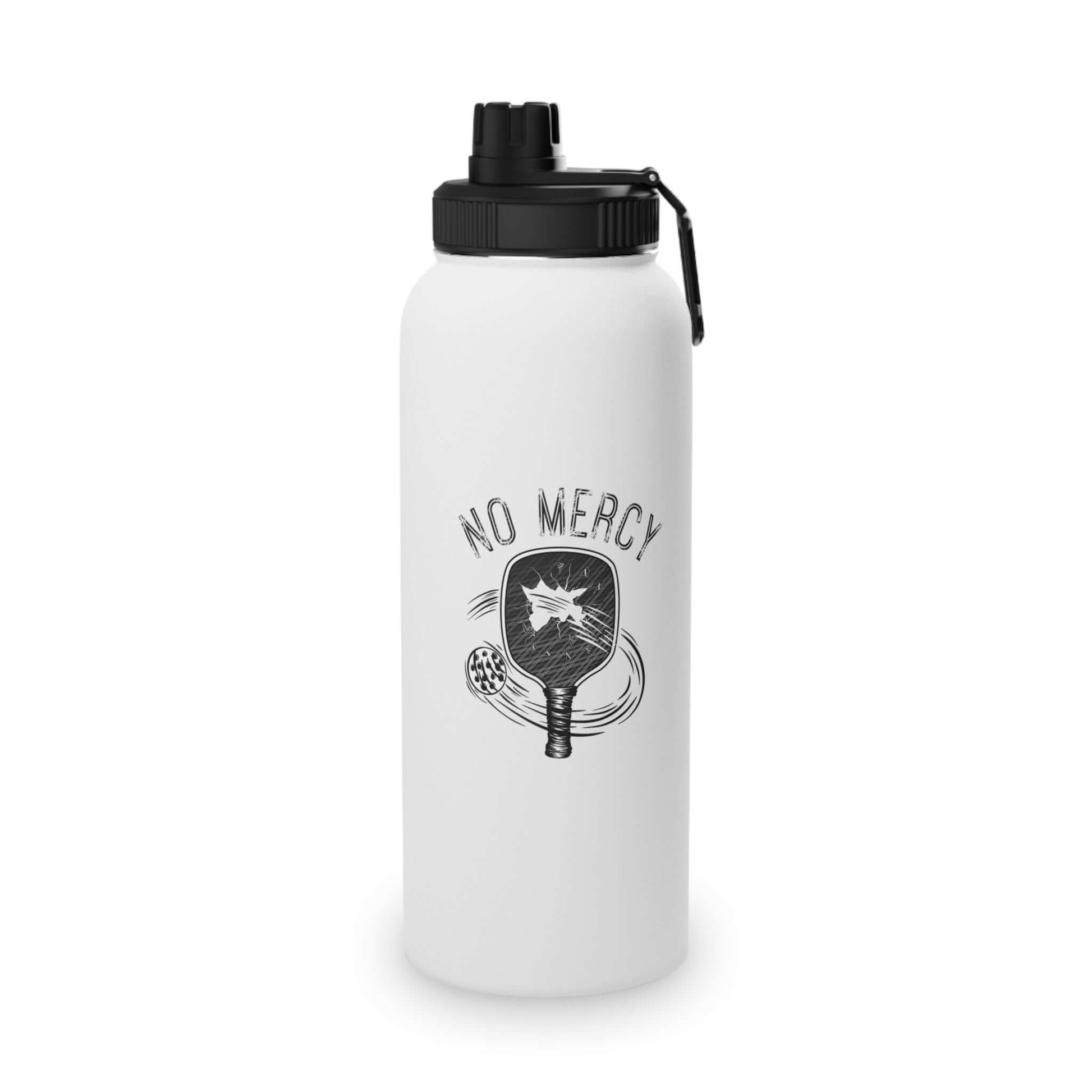 Stainless steel water bottle with sports lid, featuring No Mercy Pickleball design. Perfect for active lifestyles and hydration needs.