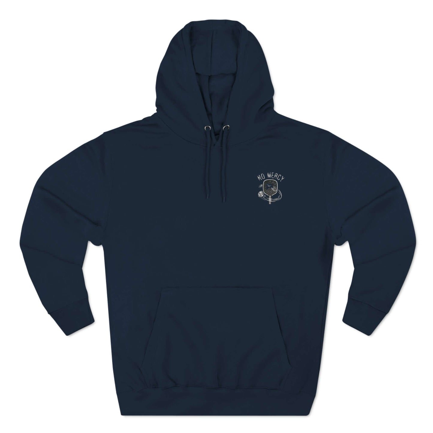 No Mercy Pickleball Series Three-Panel Fleece Hoodie in navy, featuring durable design and warmth, ideal for cold pickleball matches.