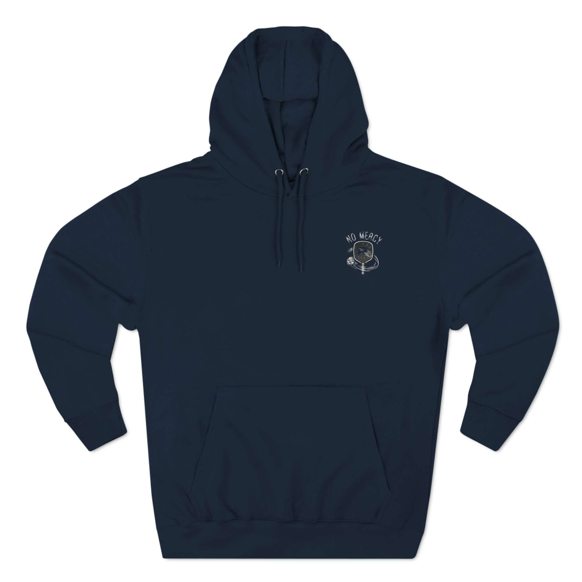 No Mercy Pickleball Series Three-Panel Fleece Hoodie in navy, featuring durable design and warmth, ideal for cold pickleball matches.