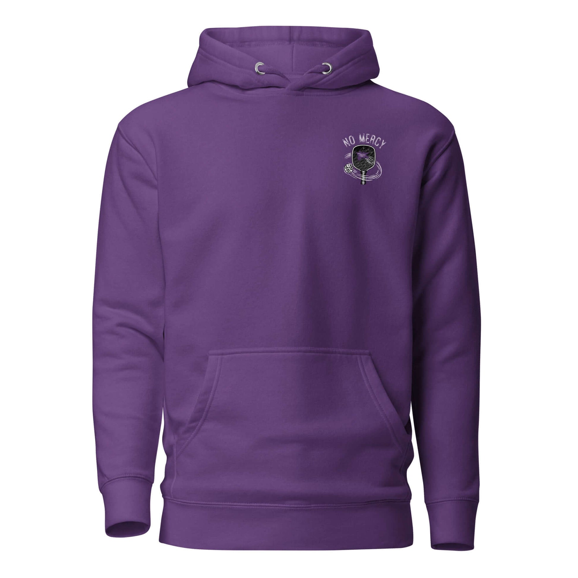 Purple No Mercy Pickleball Ultimate Comfort Hoodie with front pouch pocket and embroidered logo.