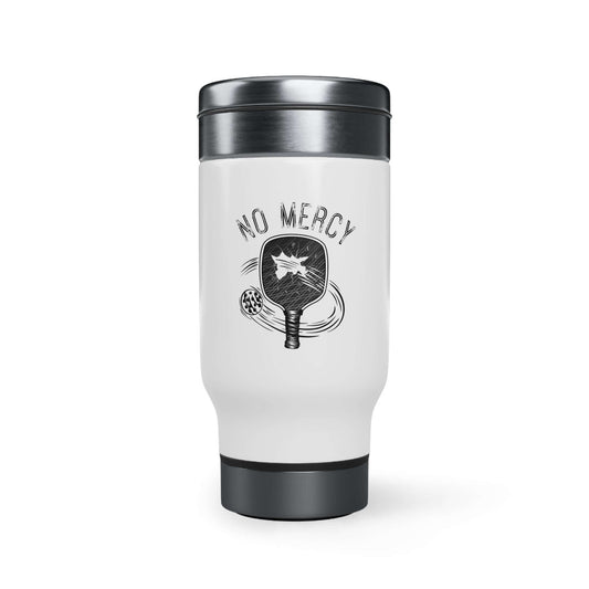 Stainless steel travel mug with handle featuring No Mercy Pickleball design, perfect for outdoor games, 14oz capacity.
