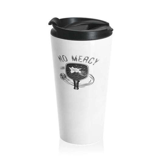 Stainless steel travel mug with "No Mercy" Pickleball design, perfect for keeping beverages hot or cold for players on the go.