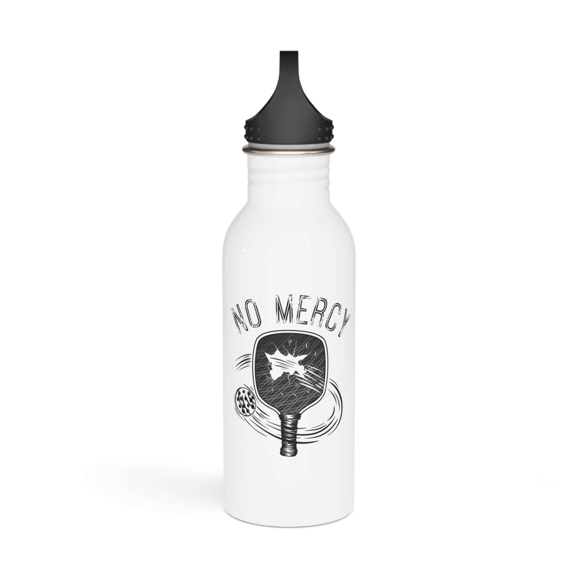 "No Mercy Pickleball Series 20oz stainless steel water bottle with paddle design, perfect for keeping players hydrated during matches."