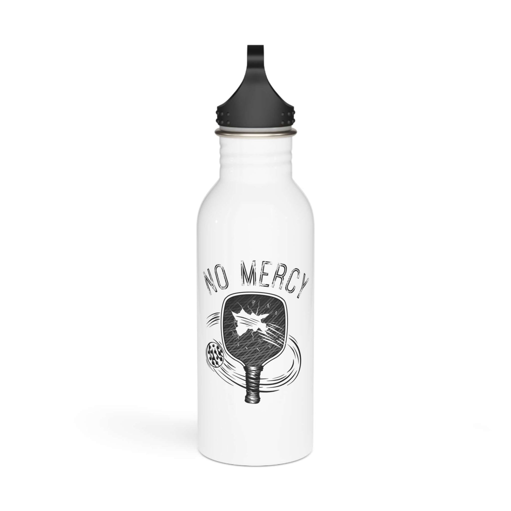 No Mercy Pickleball stainless steel water bottle with paddle graphic, 20oz capacity, ideal for pickleball enthusiasts.