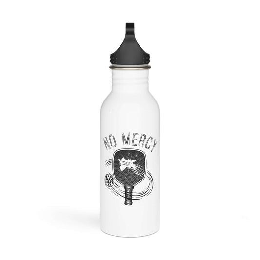 No Mercy Pickleball stainless steel water bottle with paddle graphic, 20oz capacity, ideal for pickleball enthusiasts.