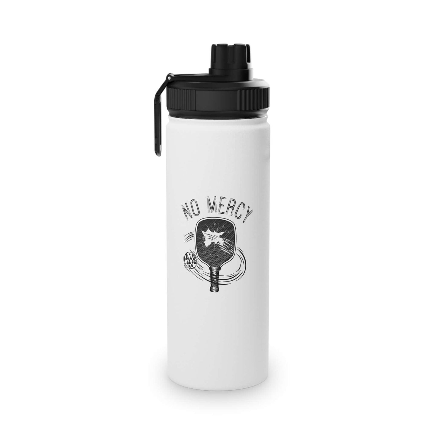 Stainless steel water bottle with sports lid featuring No Mercy Pickleball design. Perfect for hydration during active lifestyles.