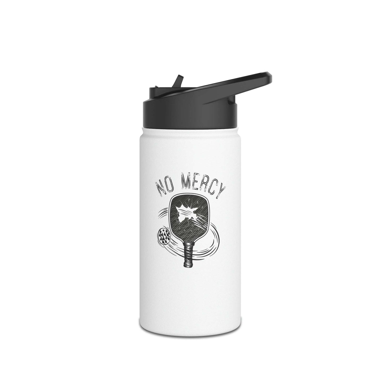 Stainless steel water bottle with pickleball design and black lid, No Mercy series, ideal for sports hydration.