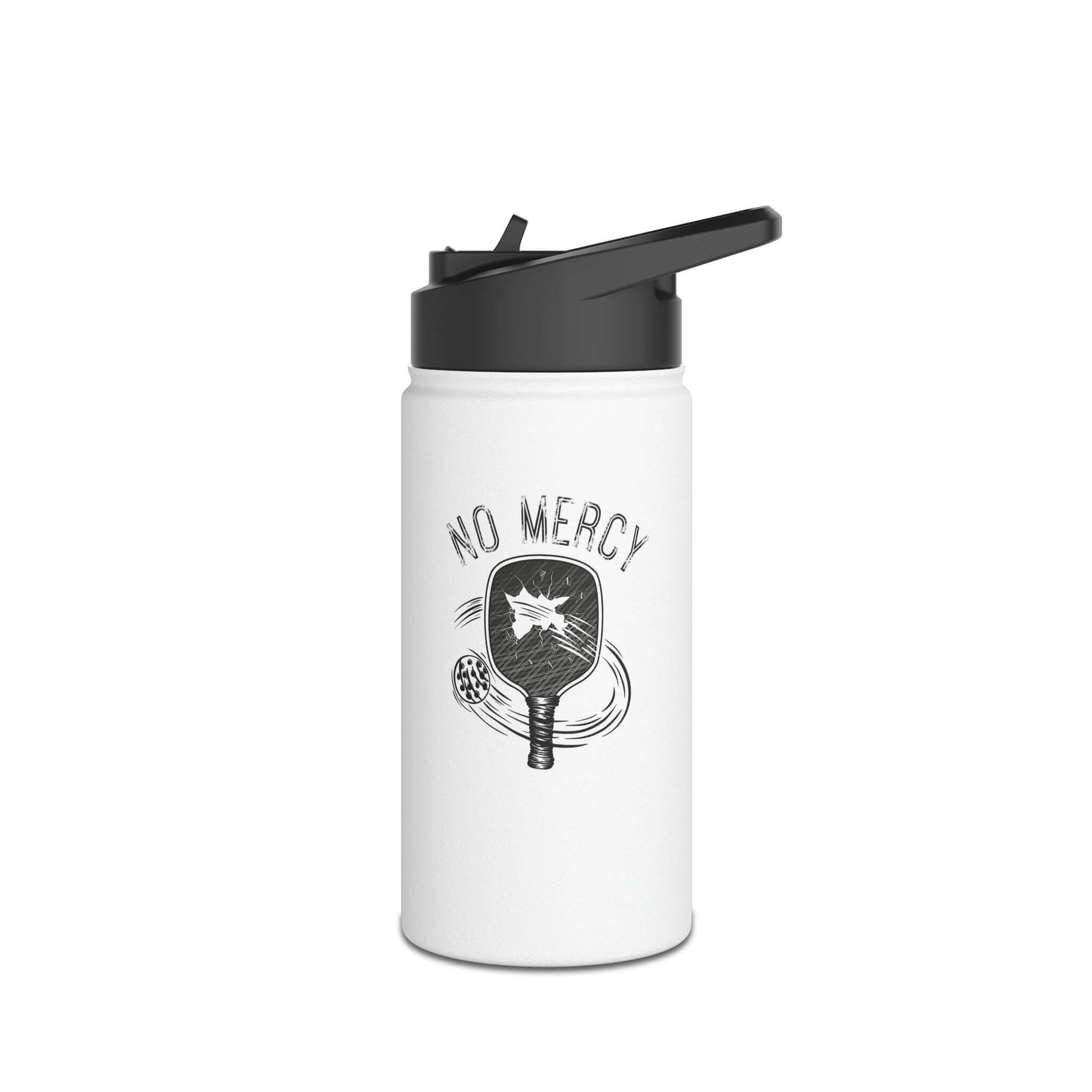 Stainless steel water bottle with pickleball design and black lid, No Mercy series, ideal for sports hydration.