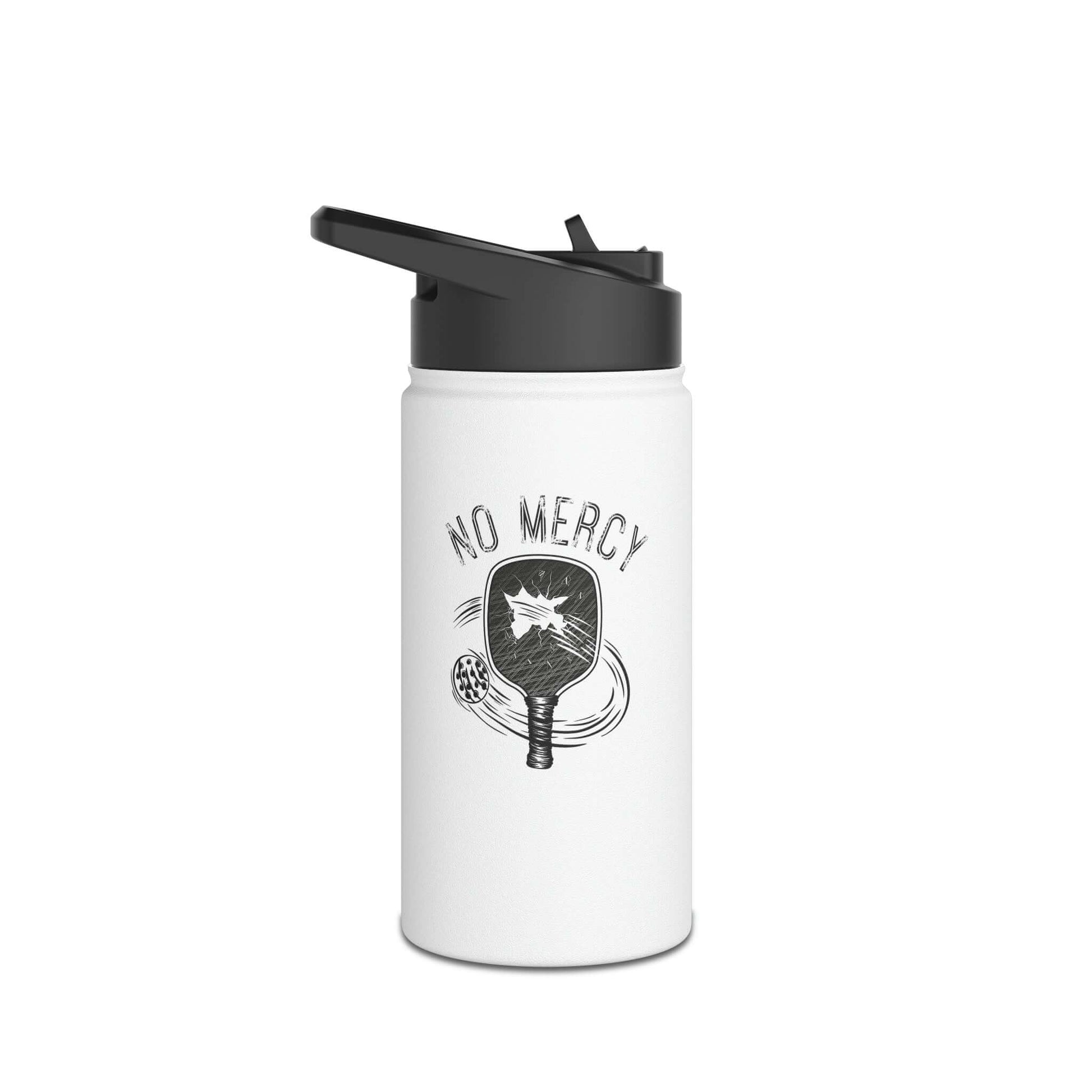 "No Mercy Pickleball Series stainless steel water bottle with standard lid, featuring sleek design for sports hydration."
