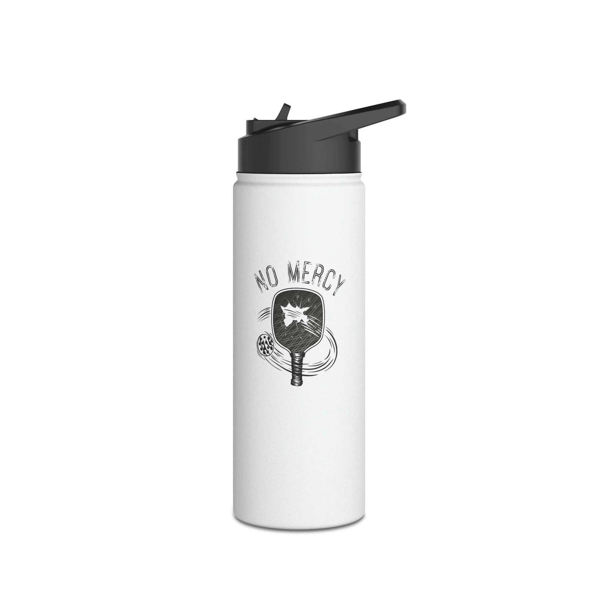 No Mercy Pickleball stainless steel water bottle with standard lid, featuring a pickleball theme design.