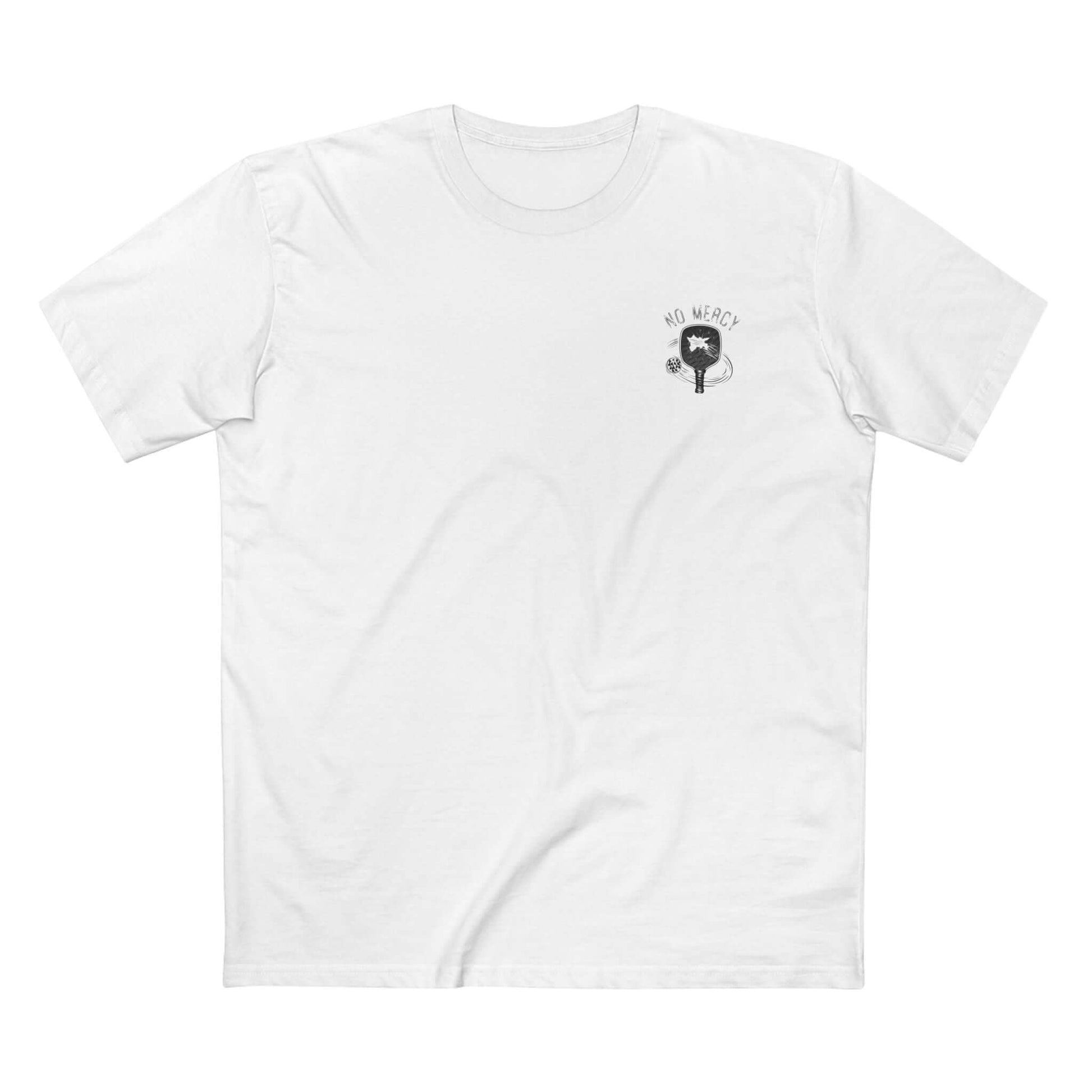 No Mercy Pickleball T-Shirt in white cotton with bold text design, perfect for aggressive pickleball players.