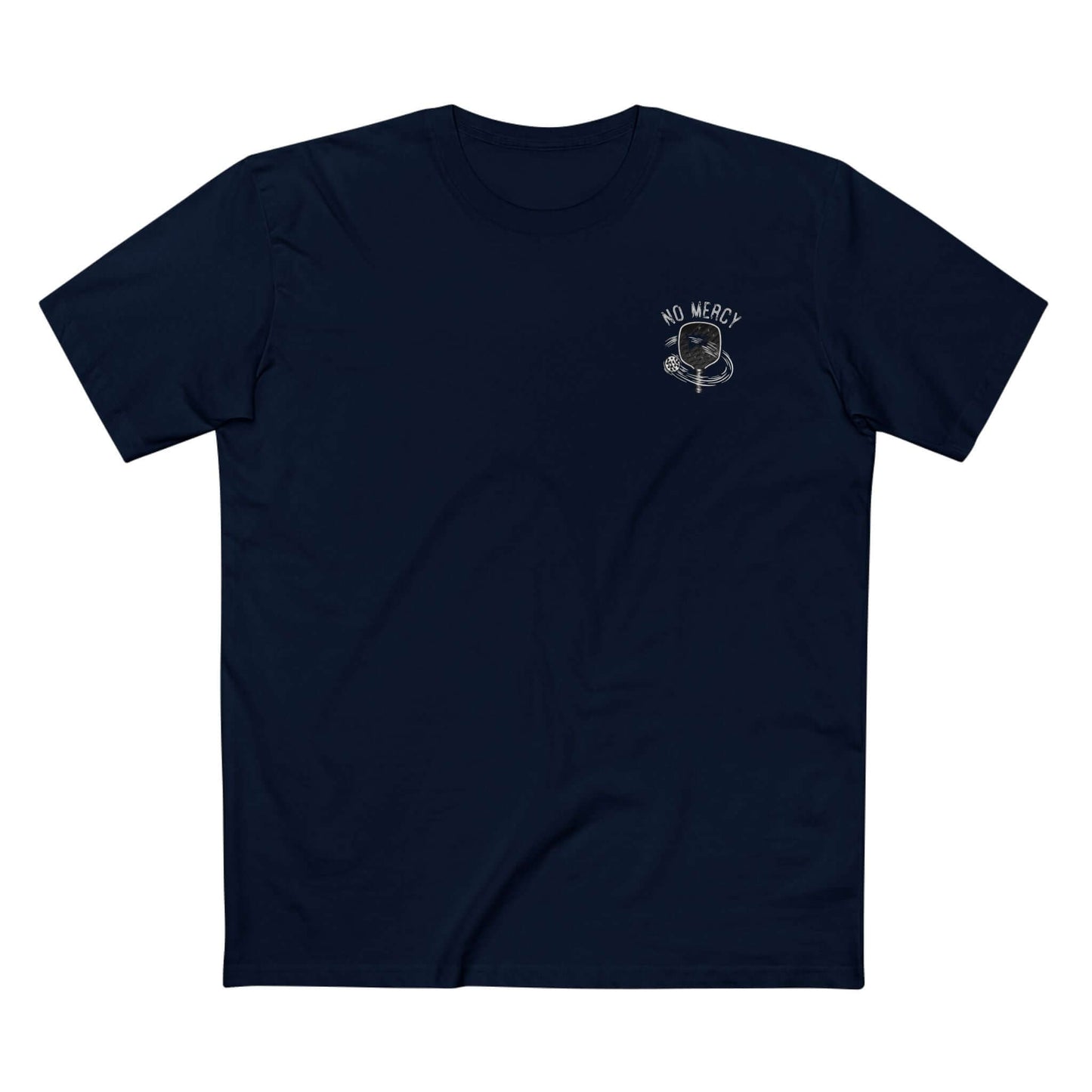 Navy blue No Mercy Pickleball T-Shirt with cobra design and slogan 'Strike First, Strike Hard, No Mercy', 100% cotton material.