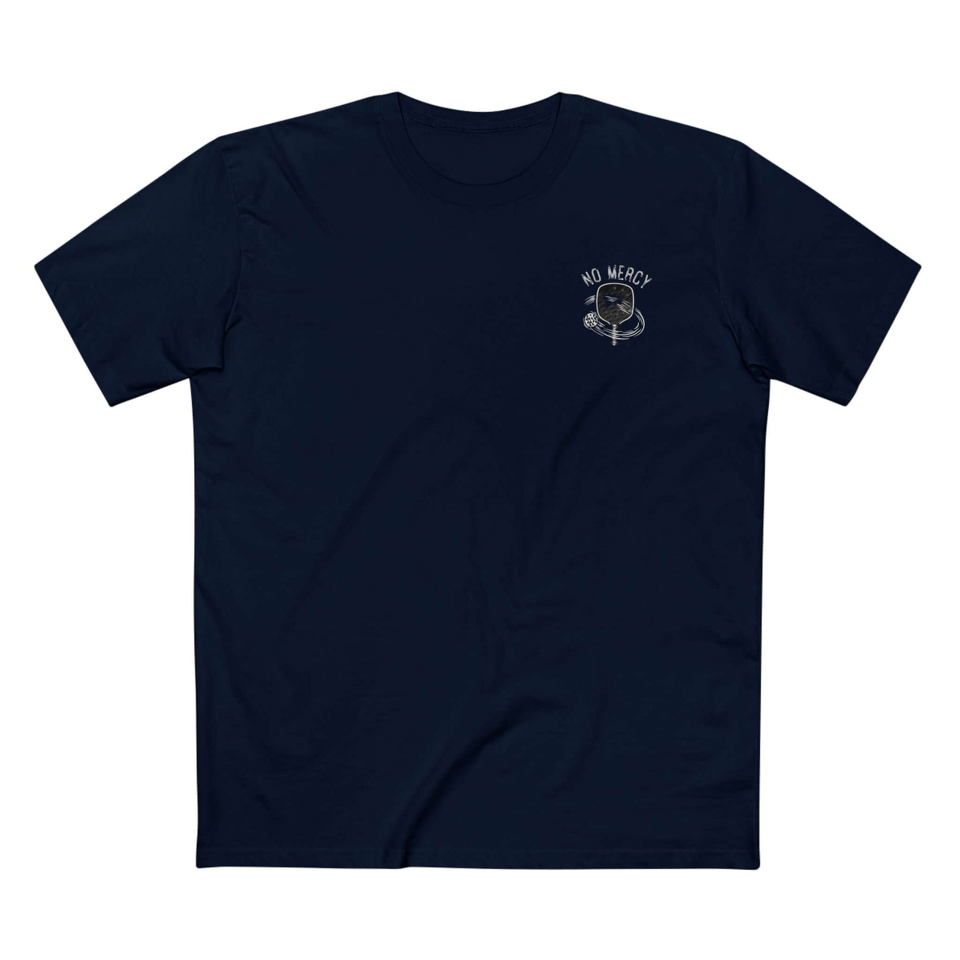 Navy blue No Mercy Pickleball T-Shirt with cobra design and slogan 'Strike First, Strike Hard, No Mercy', 100% cotton material.