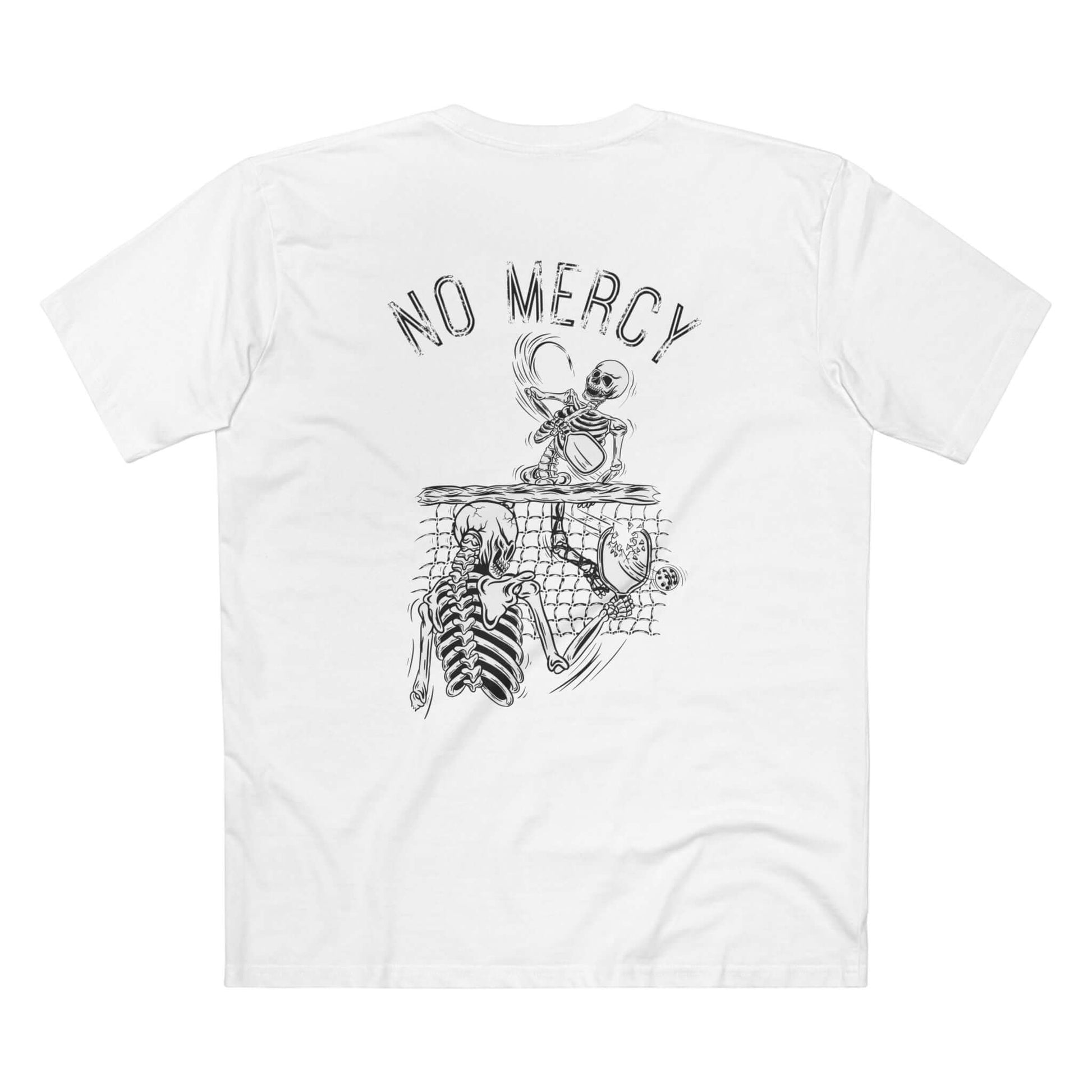 No Mercy Pickleball T-Shirt with Skeleton Design, 100% Cotton, Back View