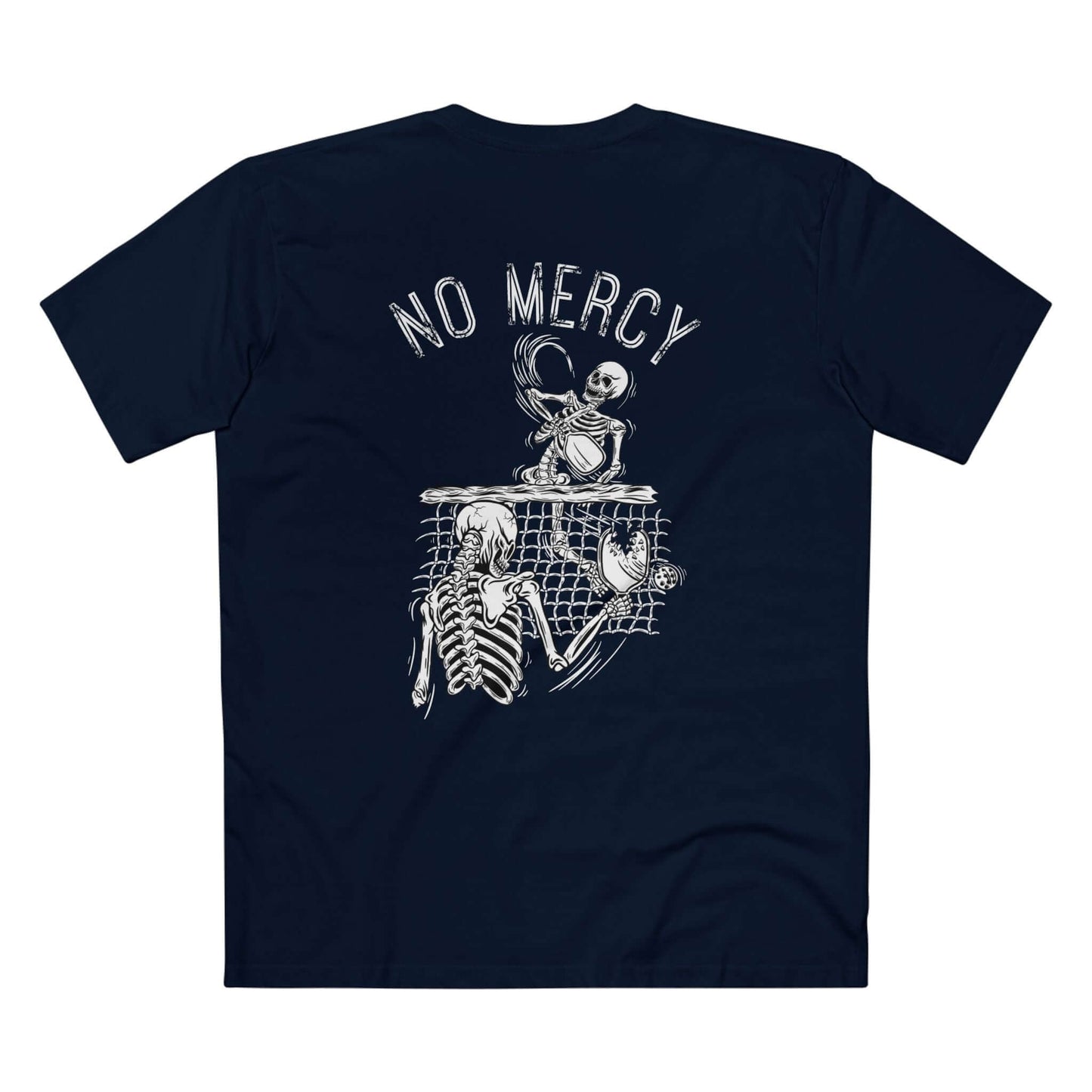 No Mercy Pickleball T-Shirt with skeletons playing pickleball, capturing the aggressive spirit of the game, made of 100% cotton.