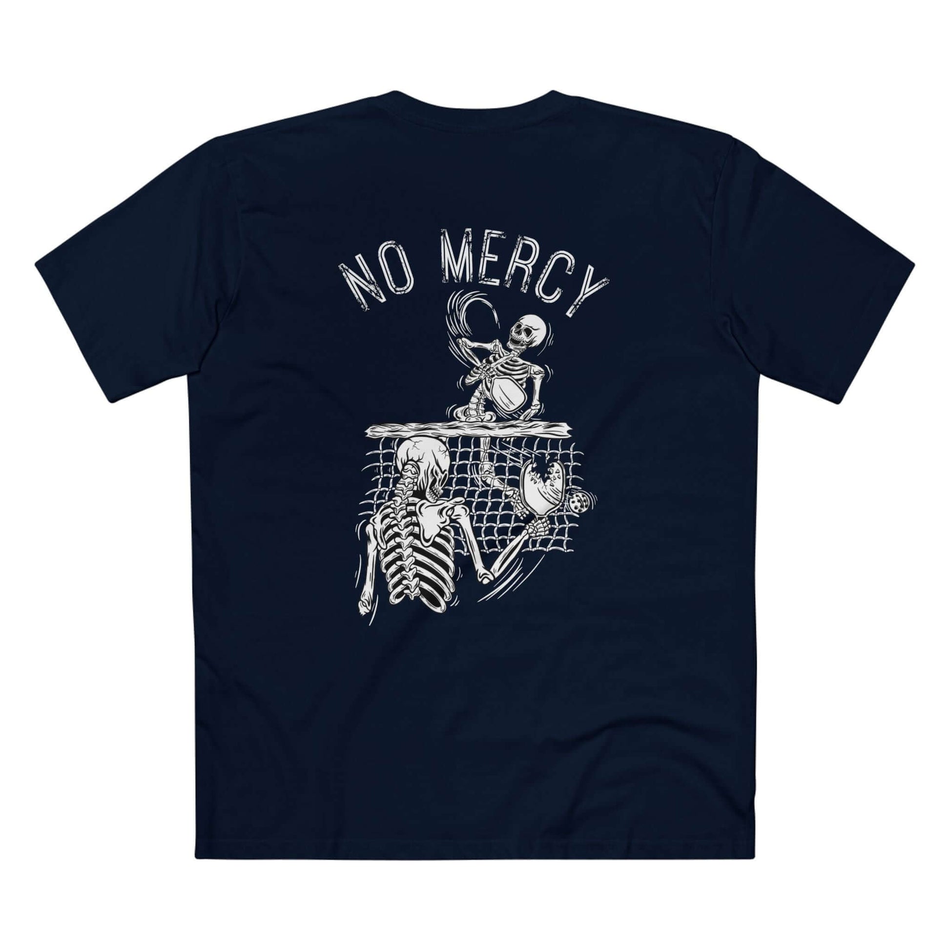 No Mercy Pickleball T-Shirt with skeletons playing pickleball, capturing the aggressive spirit of the game, made of 100% cotton.