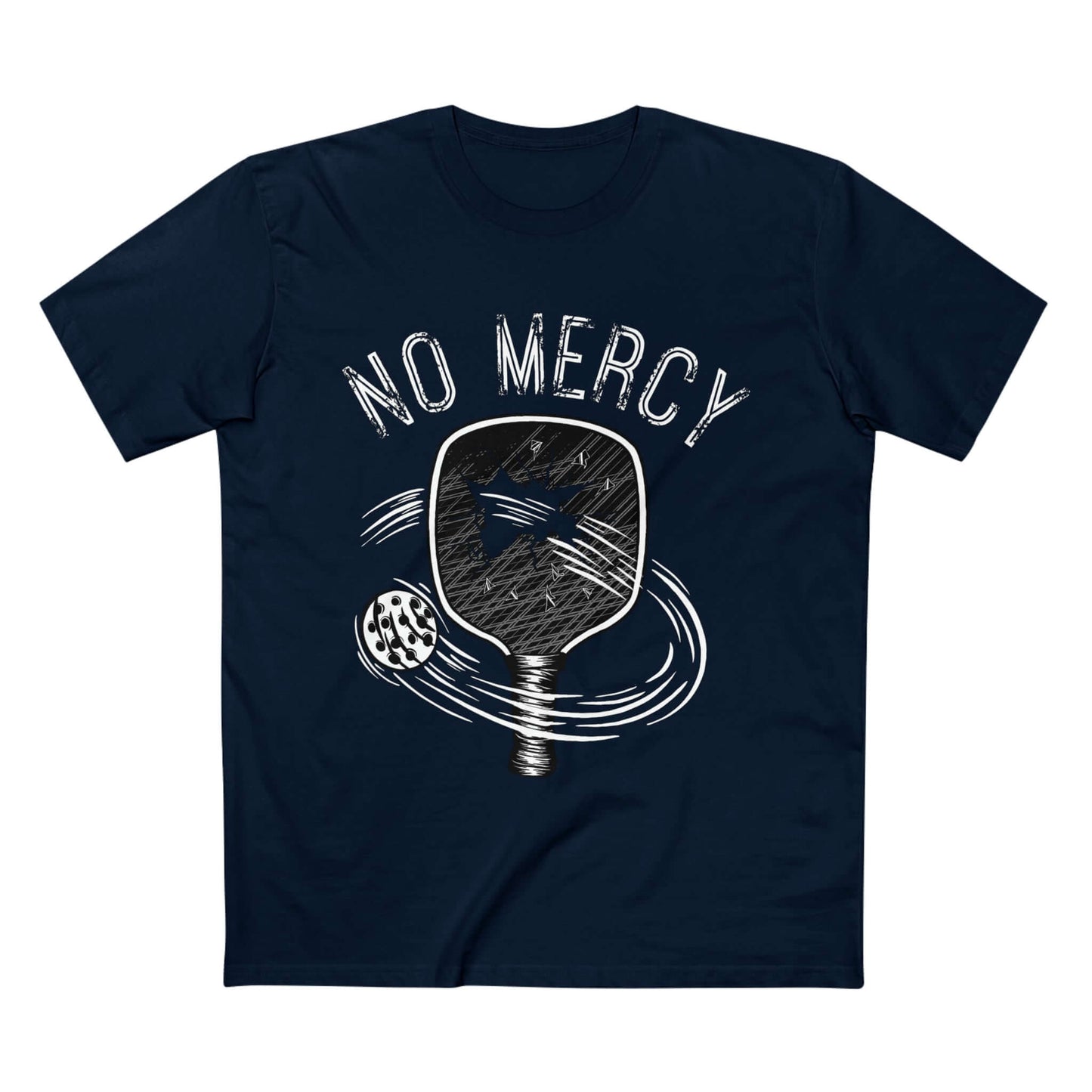 "No Mercy Pickleball Series T-Shirt with Paddle and Ball Design in Dark Blue"