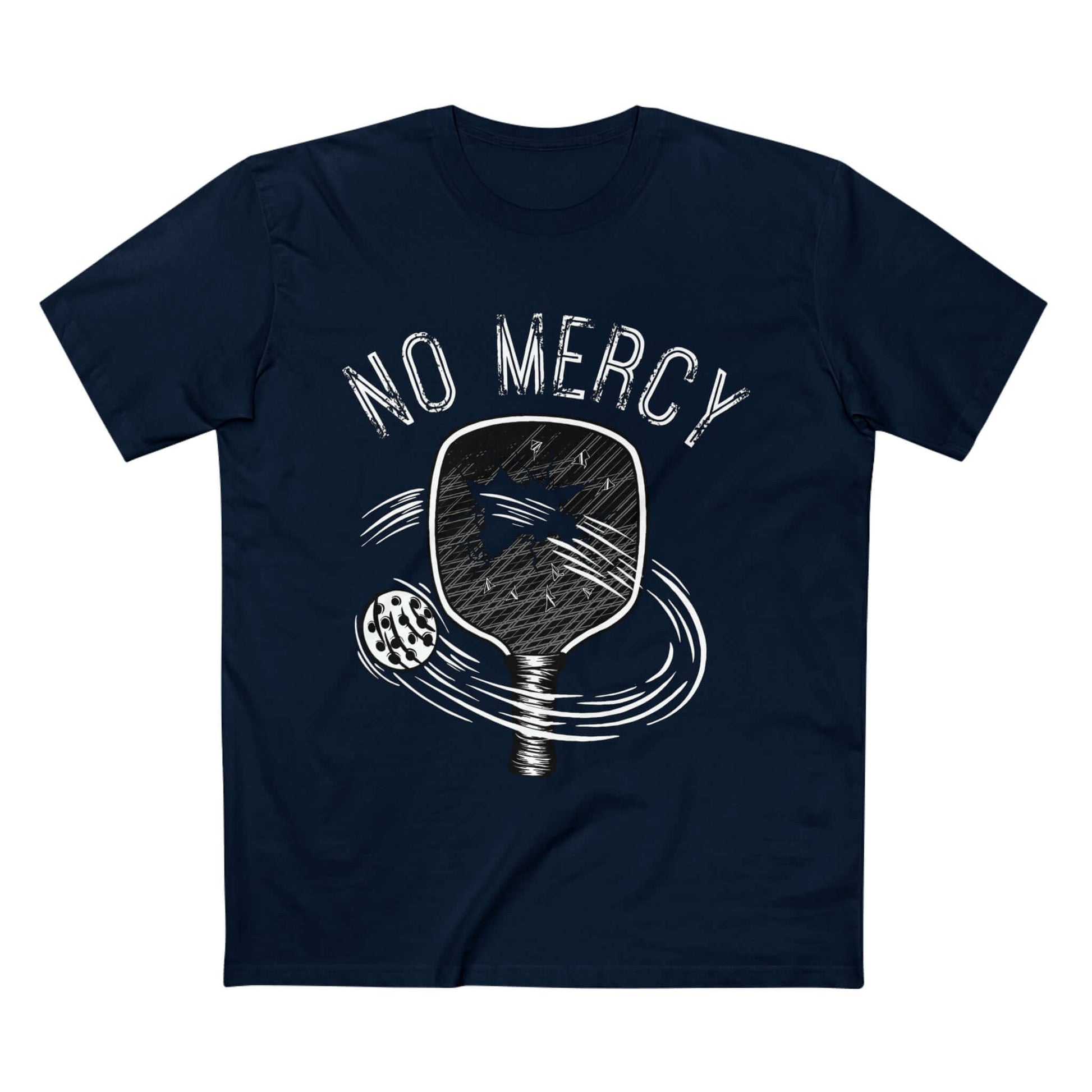 "No Mercy Pickleball Series T-Shirt with Paddle and Ball Design in Dark Blue"
