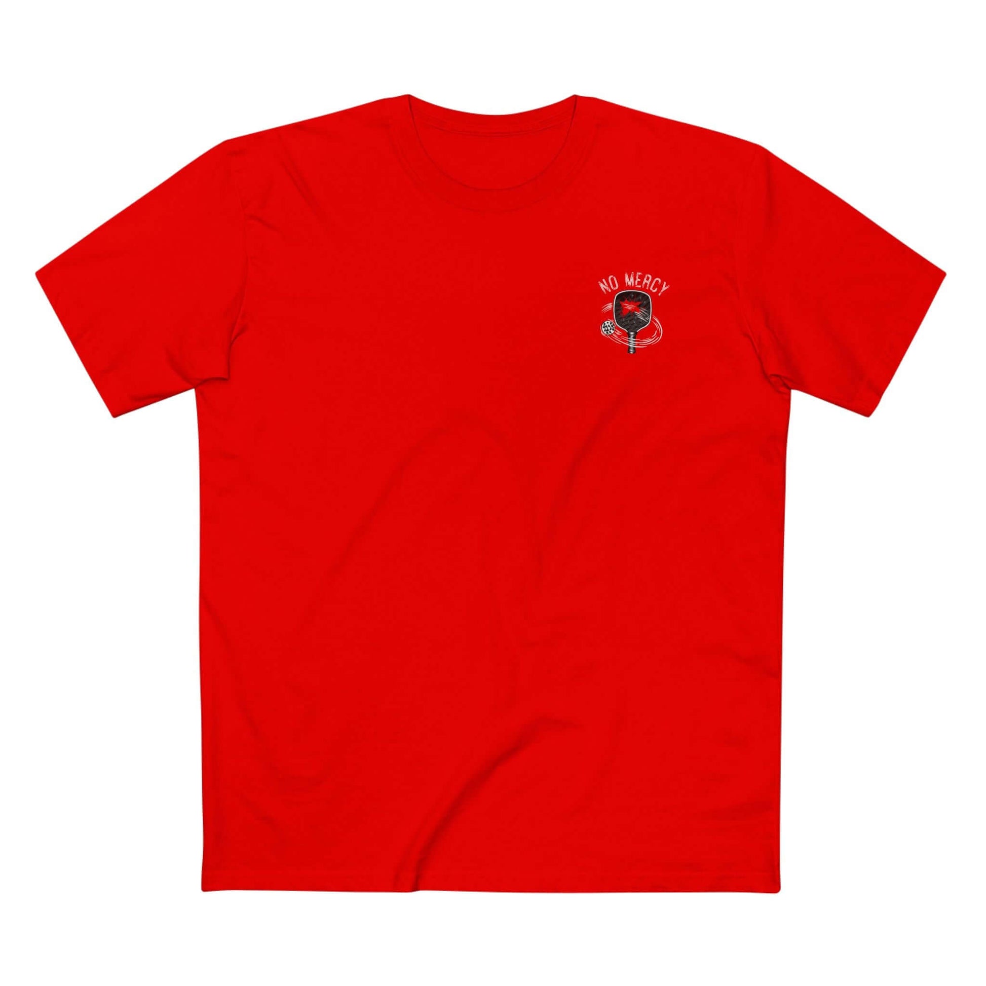 Red No Mercy Pickleball T-Shirt with logo, 100% cotton, aggressive design for strategic players.