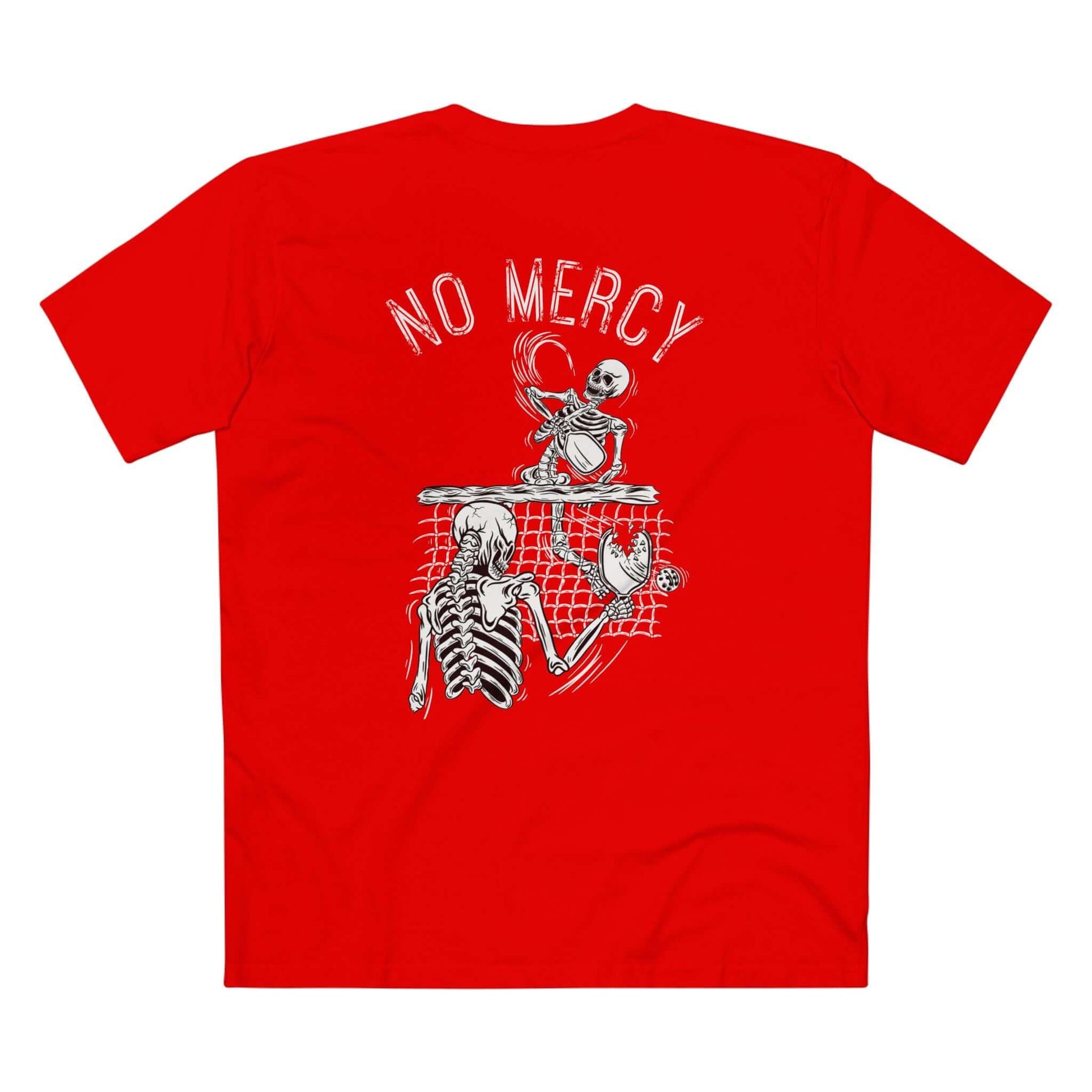 Red No Mercy Pickleball T-Shirt featuring skeletons playing, with bold "No Mercy" text to inspire aggressive play on the court.