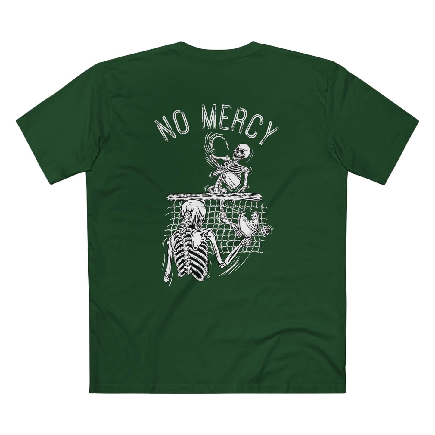 Green pickleball t-shirt with "No Mercy" and skeletons playing pickleball, representing aggressive play style.