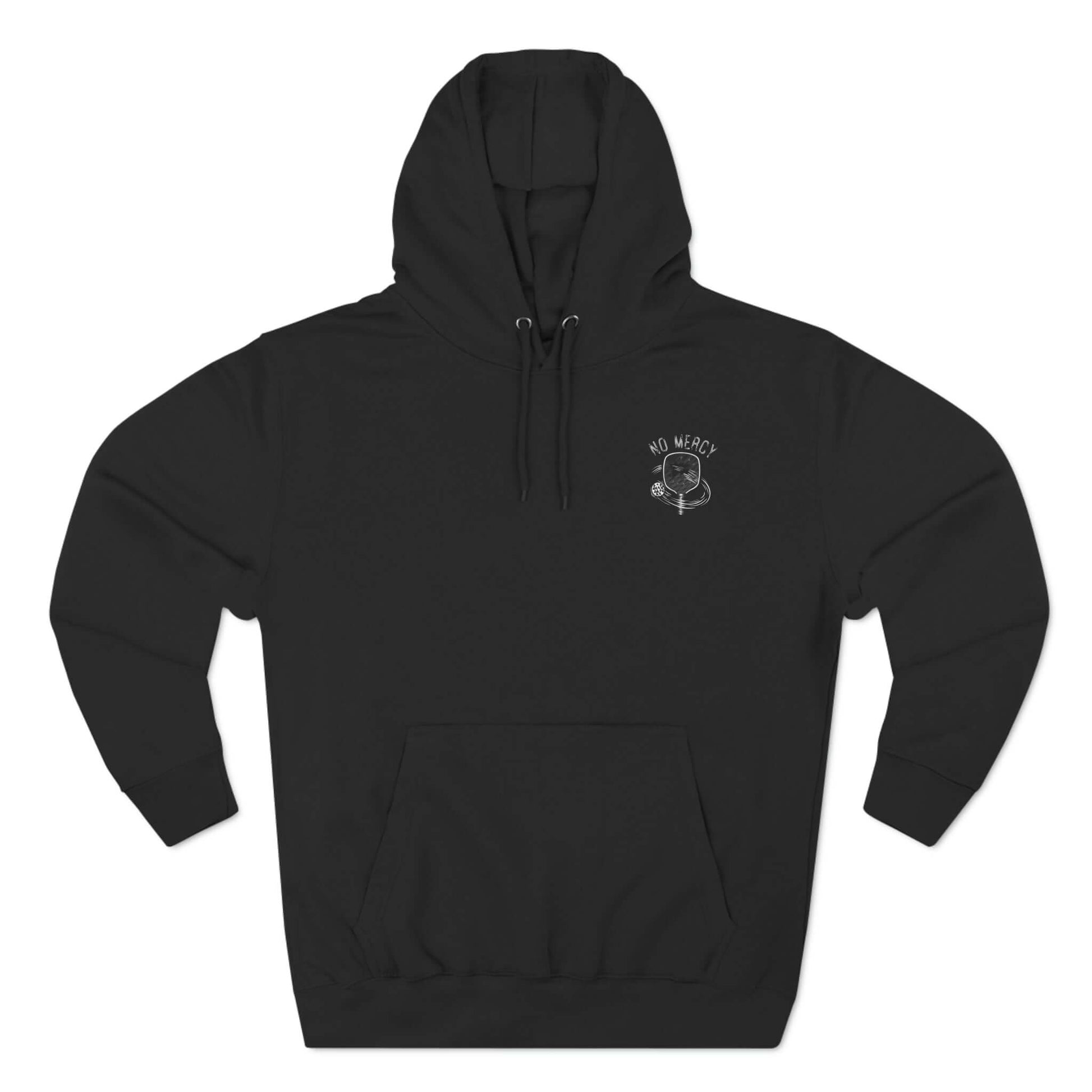 Black No Mercy Pickleball Series Three-Panel Fleece Hoodie with front logo design, perfect for warmth and comfort on the court.