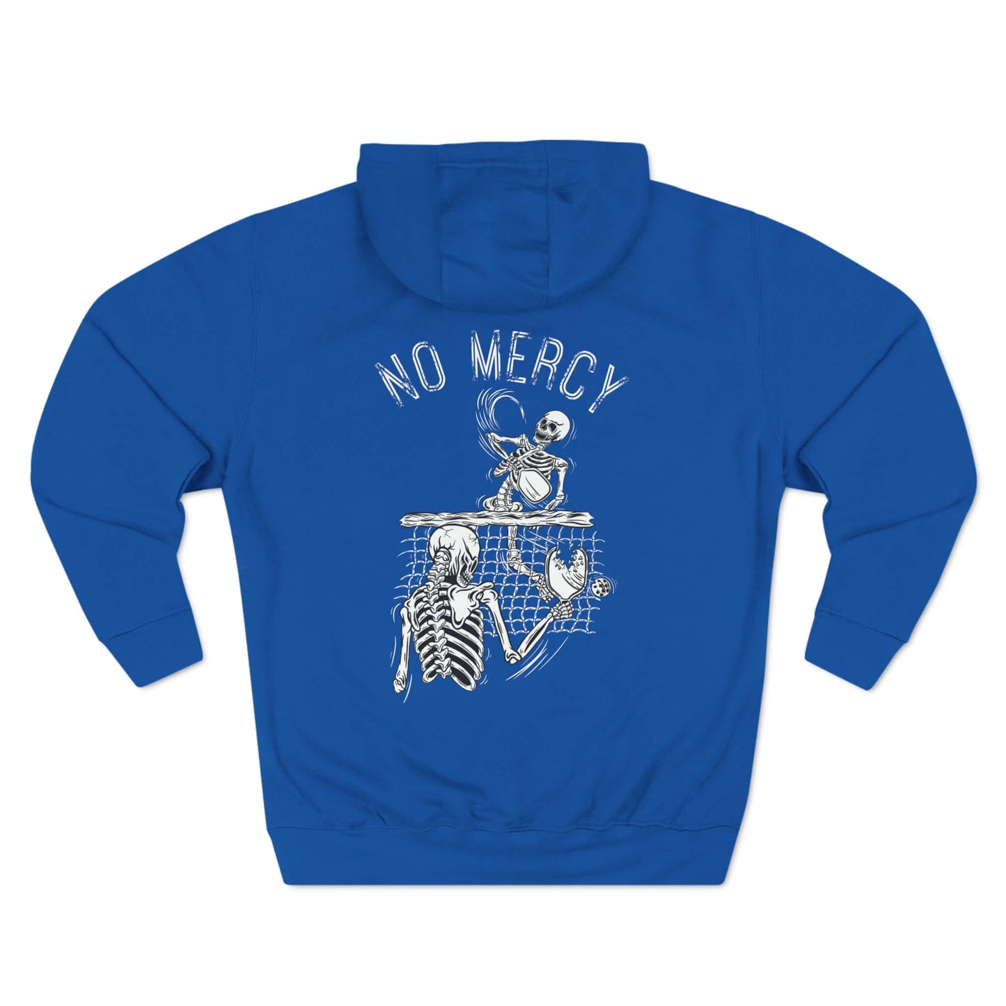 Blue "No Mercy" Pickleball Fleece Hoodie with Skeleton Graphic on Back