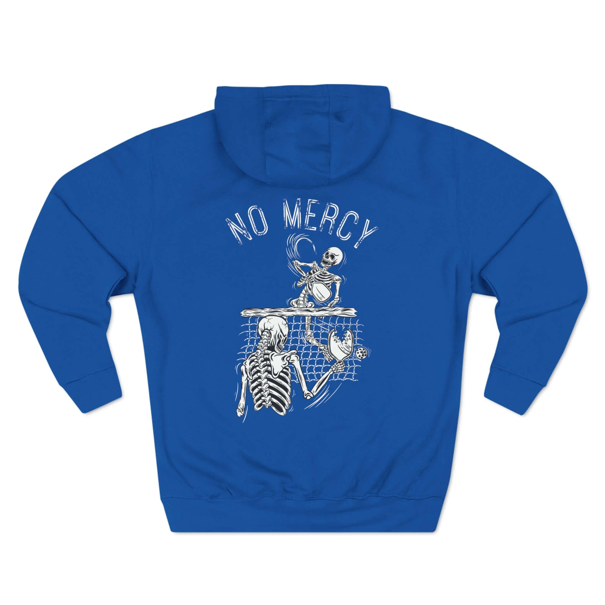 Blue "No Mercy" Pickleball Fleece Hoodie with Skeleton Graphic on Back