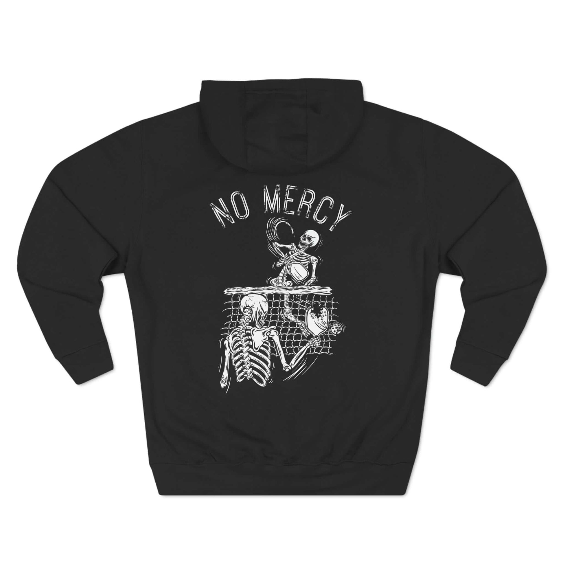 Black "No Mercy" Pickleball Series hoodie with skeleton graphic design, showcasing competitive spirit in sports attire.