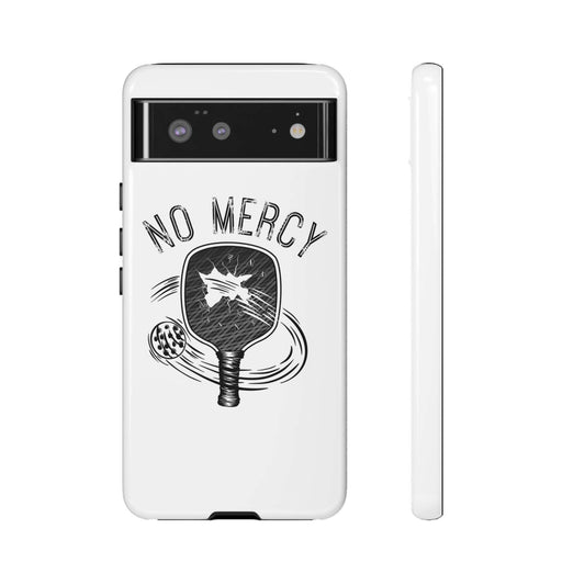 "No Mercy Pickleball Tough Phone Case for Google Pixel, featuring a sleek design with pickleball graphics and text."