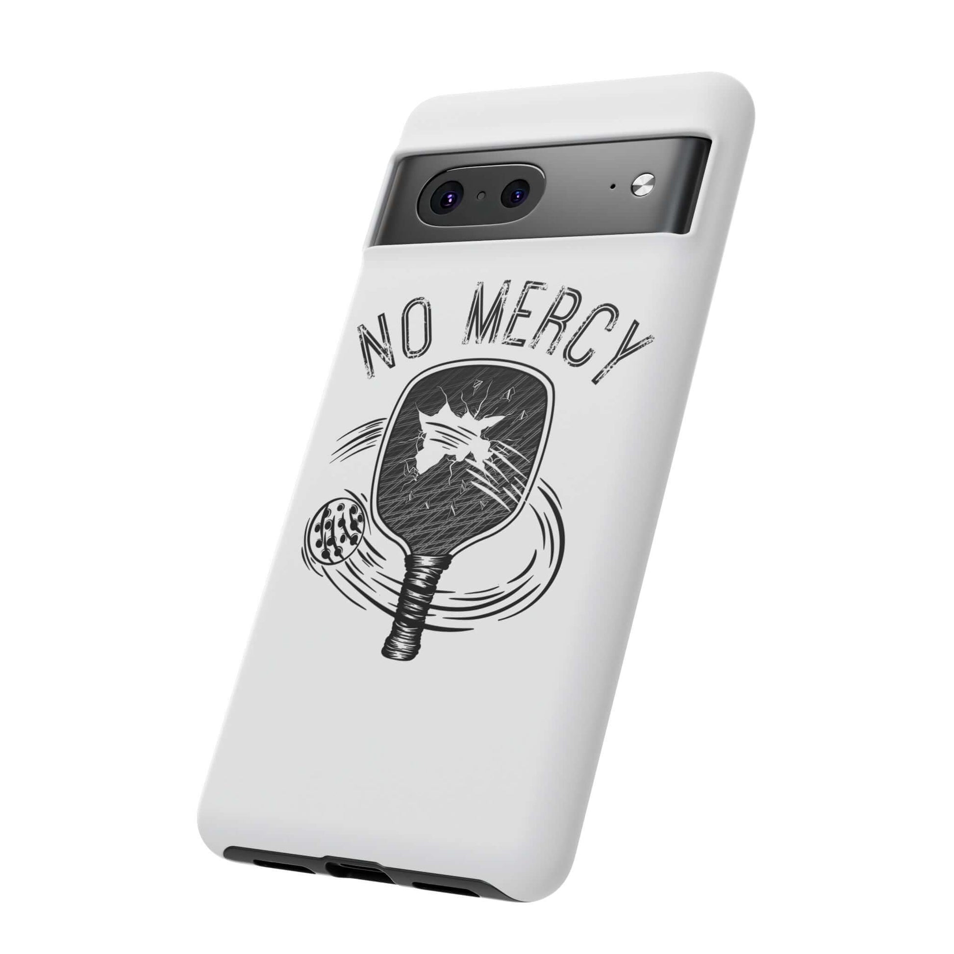 Pickleball No Mercy tough phone case for Google Pixel, featuring durable polycarbonate design with paddle graphic.