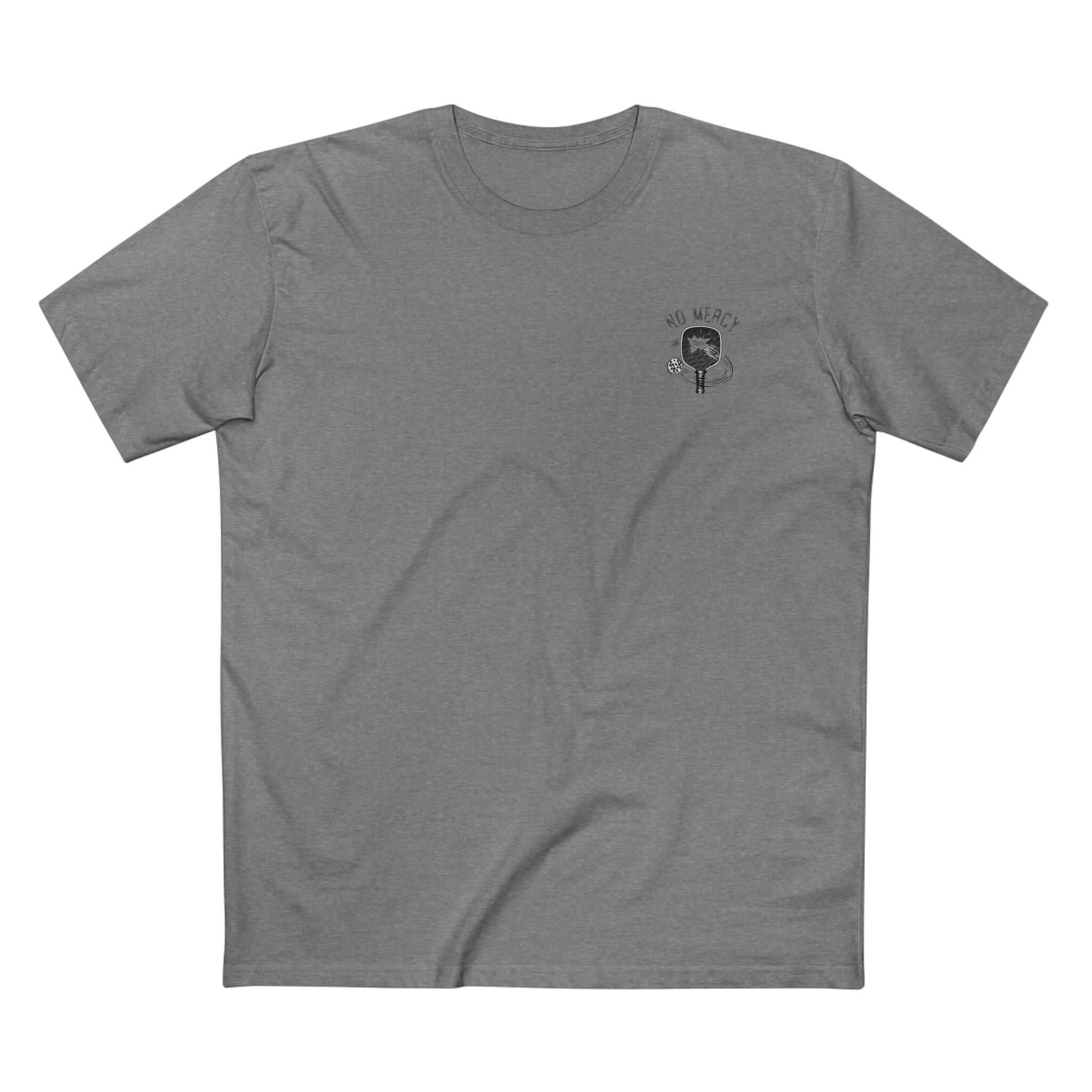 Gray No Mercy Pickleball T-Shirt with small graphic, made of 100% cotton, perfect for aggressive and strategic pickleball players.