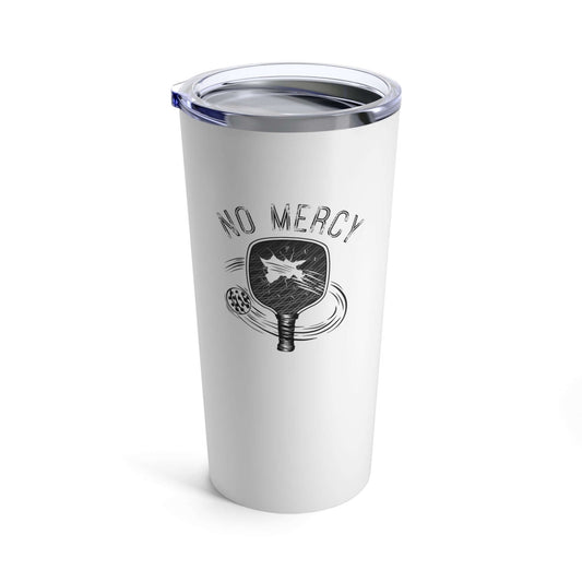 No Mercy Pickleball Series 20oz Tumbler with paddle design, stainless steel, double-wall insulation for hot or cold drinks.