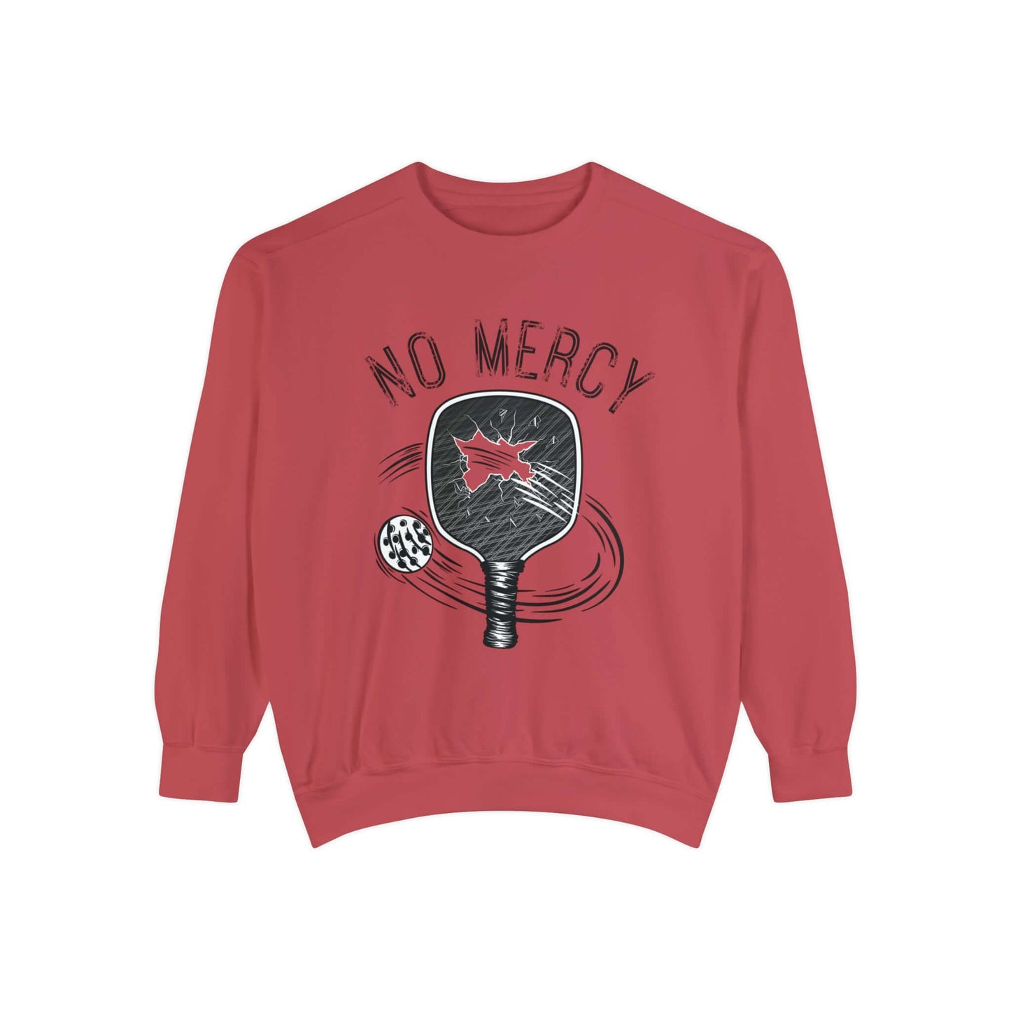 "No Mercy Pickleball Sweatshirt Unisex Garment-Dyed in Red, Featuring Paddle Graphic"
