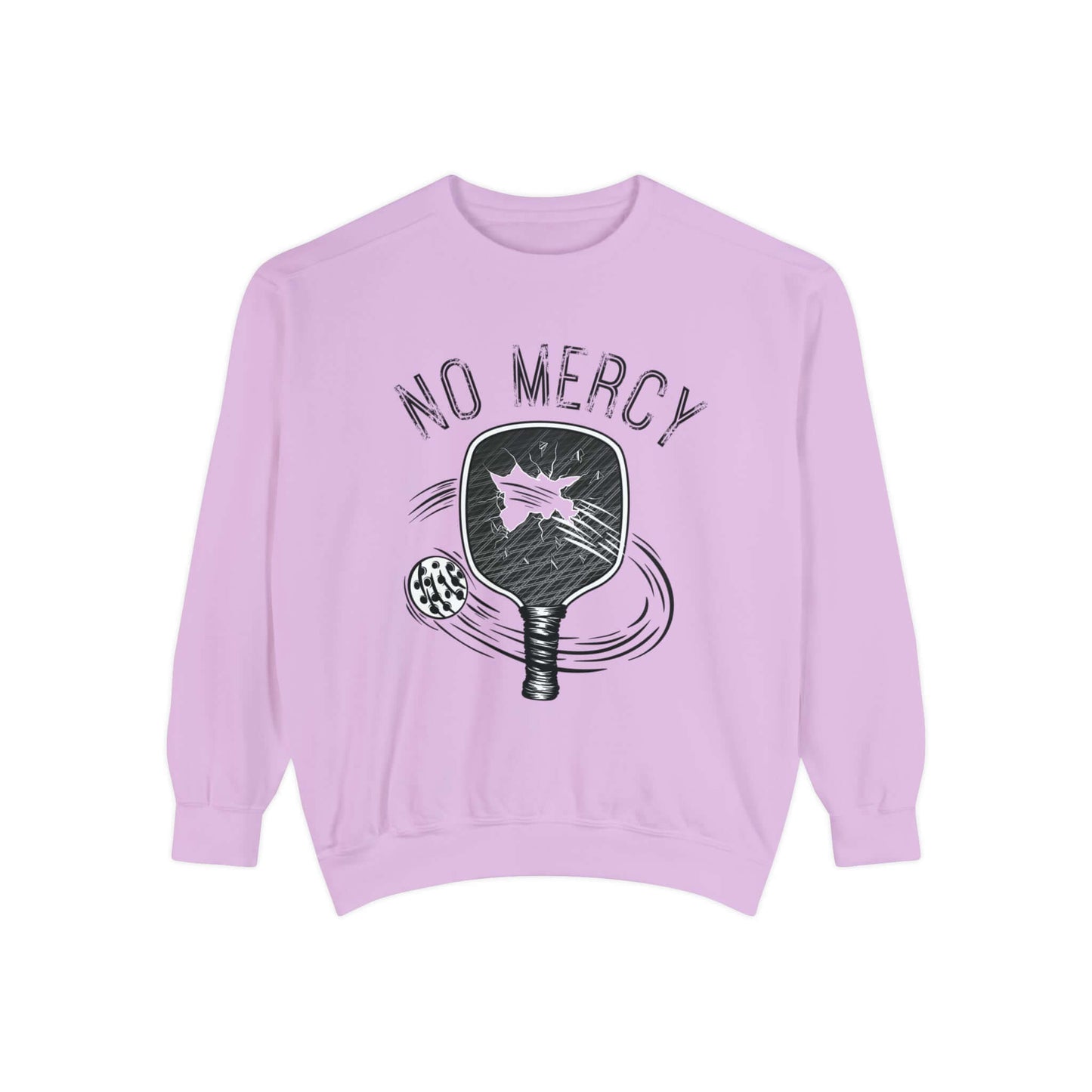 Unisex garment-dyed sweatshirt with No Mercy pickleball design in lavender, perfect for on and off the court fashion.