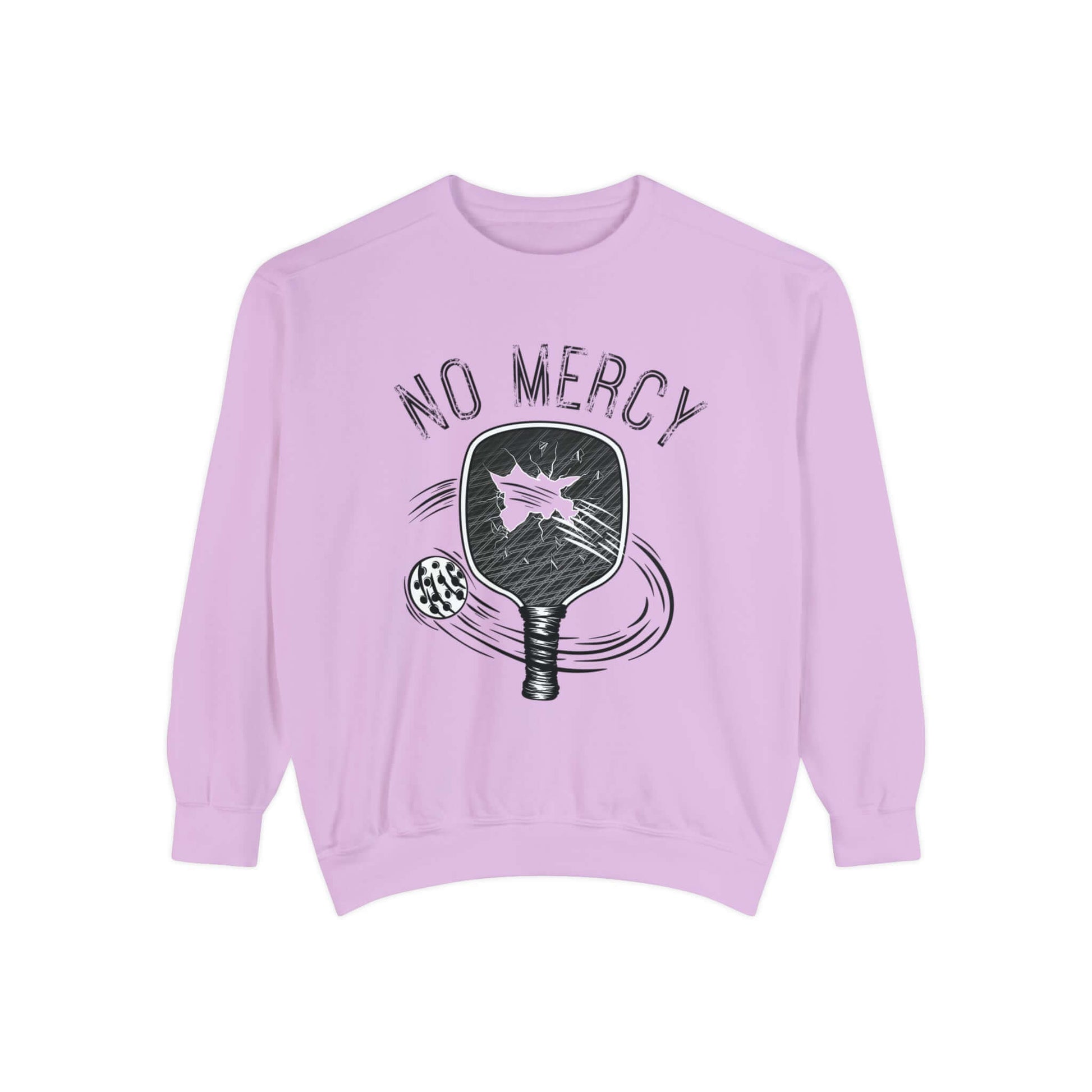 Unisex garment-dyed sweatshirt with No Mercy pickleball design in lavender, perfect for on and off the court fashion.