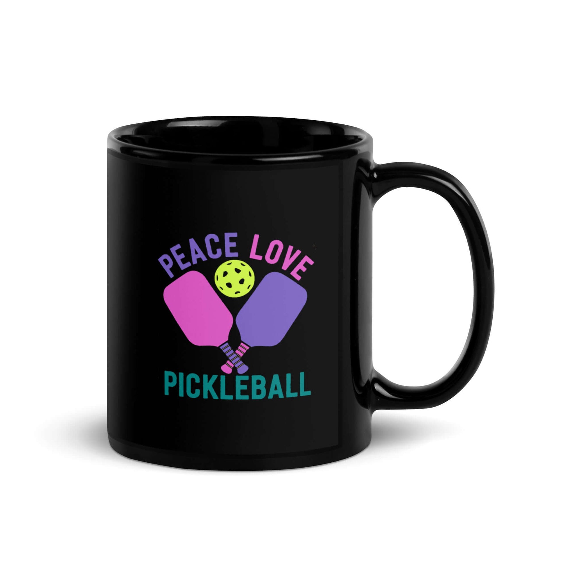 Peace Love Pickleball black glossy mug with colorful paddles and ball design, perfect for pickleball enthusiasts.
