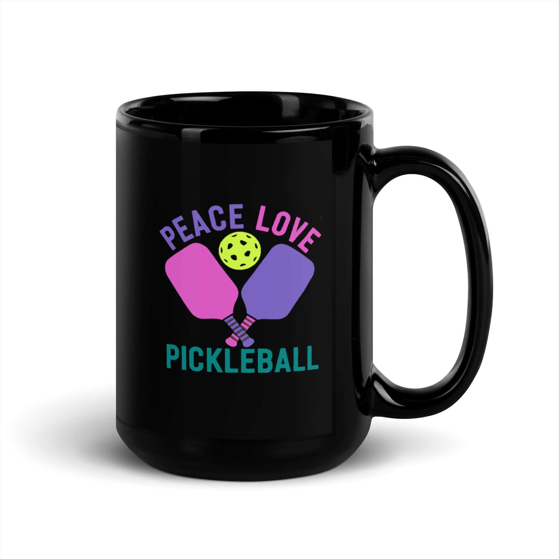 Black glossy mug featuring 'Peace Love Pickleball' design with paddles and a ball, perfect for pickleball enthusiasts.