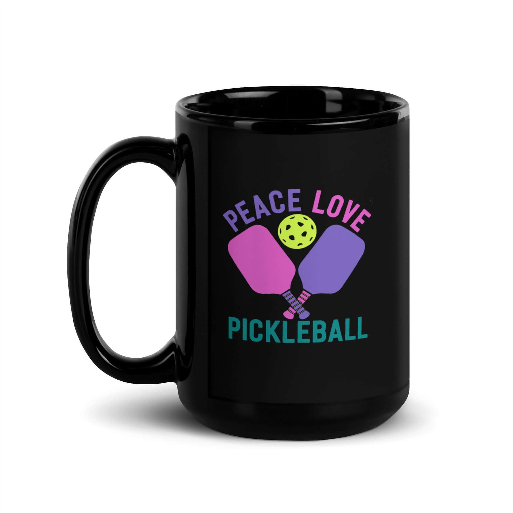 Black glossy mug featuring 'Peace Love Pickleball' design, perfect for pickleball enthusiasts.