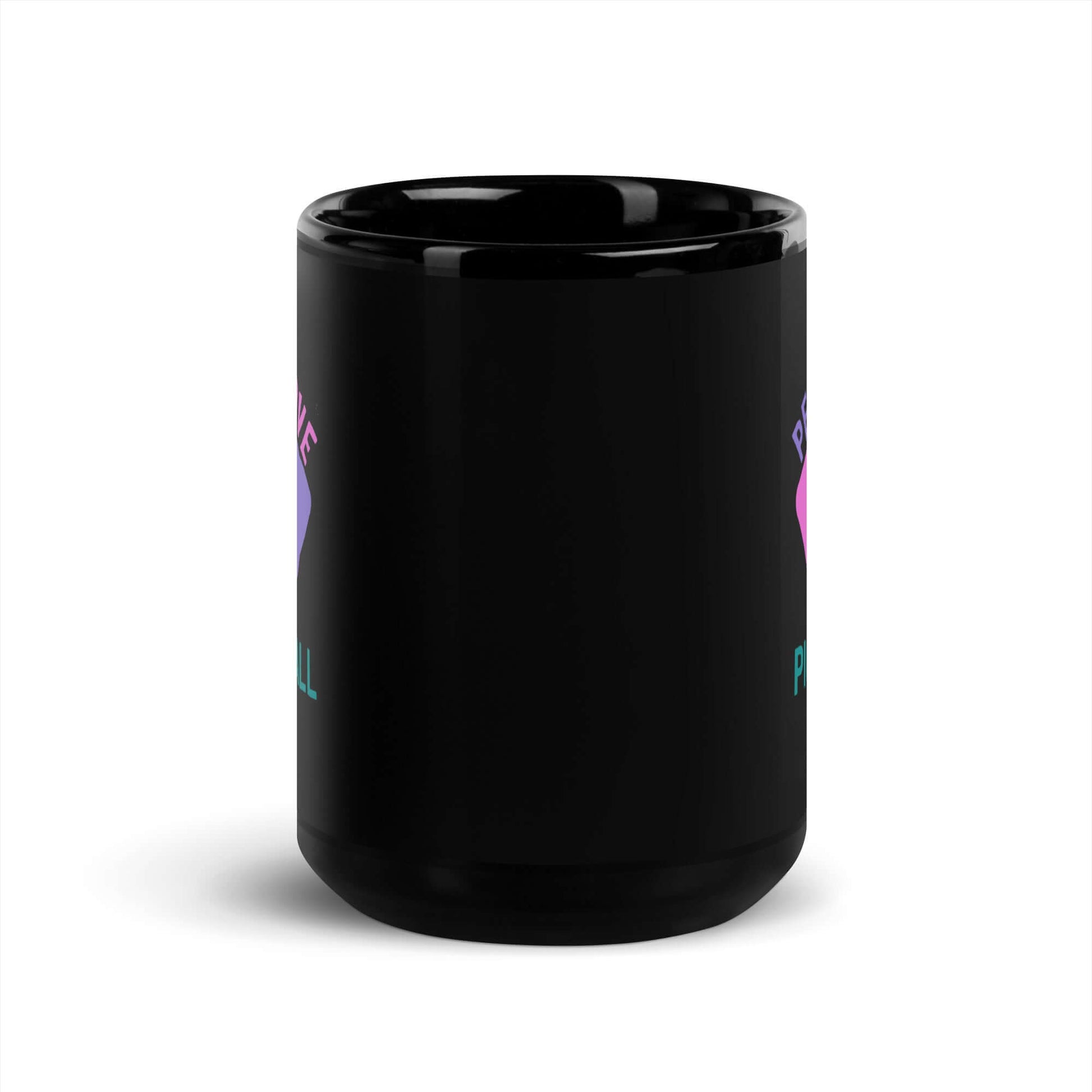 Black glossy mug featuring 'Peace, Love, Pickleball' design, perfect for pickleball enthusiasts.