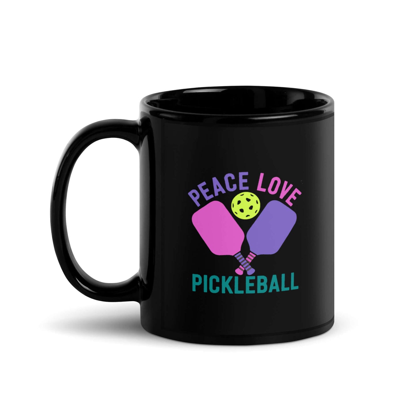 Black glossy mug featuring 'Peace, Love, Pickleball' design with paddles and a pickleball.