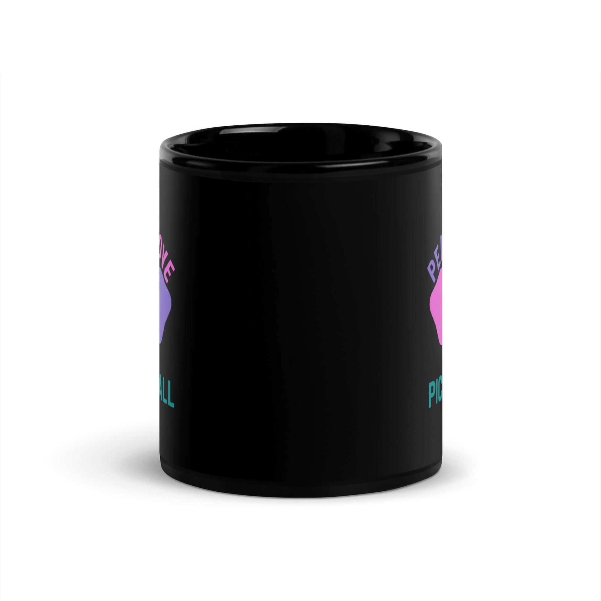 Black glossy mug with 'Peace, Love, Pickleball' design, ideal for pickleball enthusiasts and everyday use.